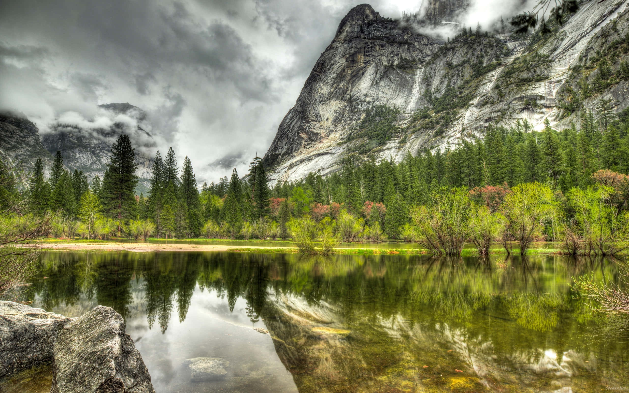mountain peak, calm lake, evergreens, 2K Desktop Wallpaper