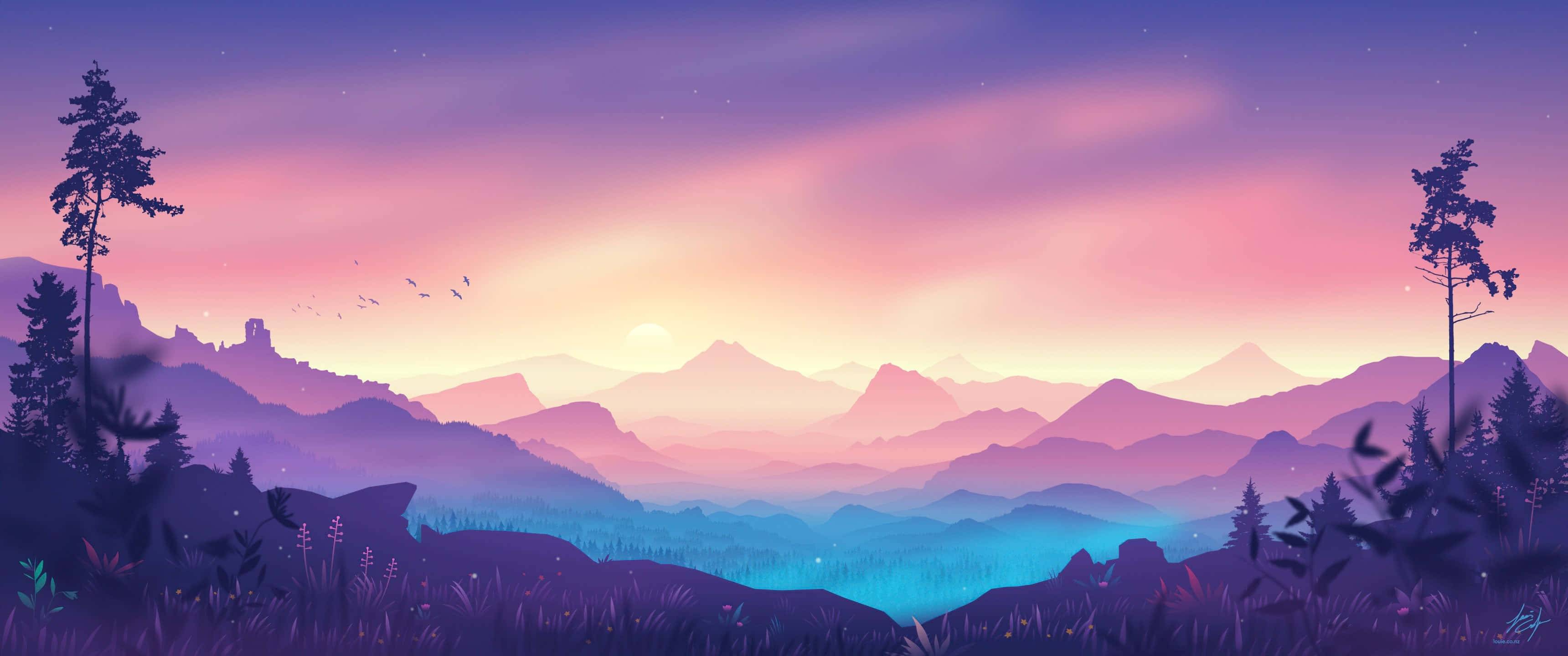 Misty Mountain Sunset Landscape, twilight, layered peaks, 2K Desktop Wallpaper
