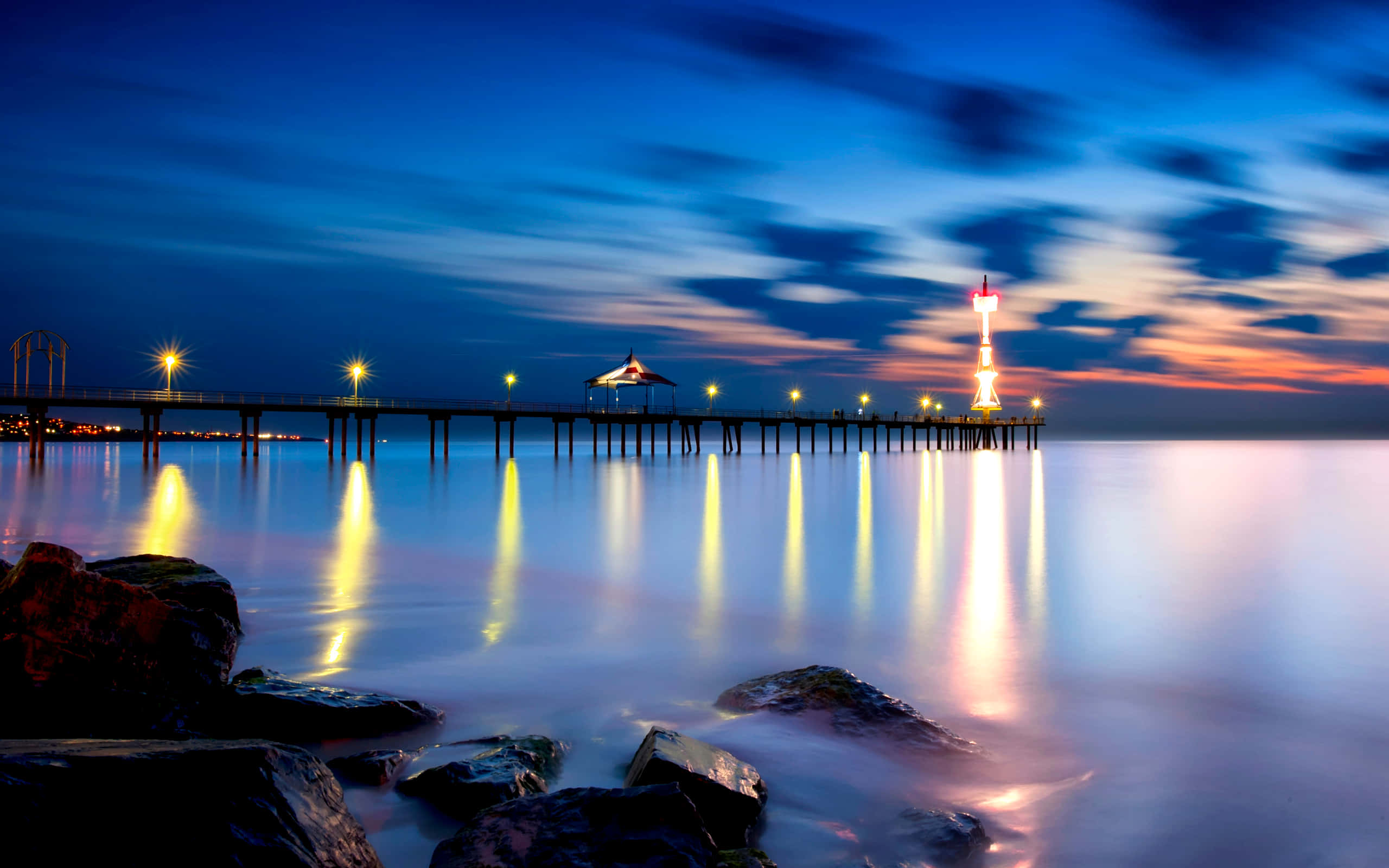 pier, calm waters, dusk, 2K Desktop Wallpaper
