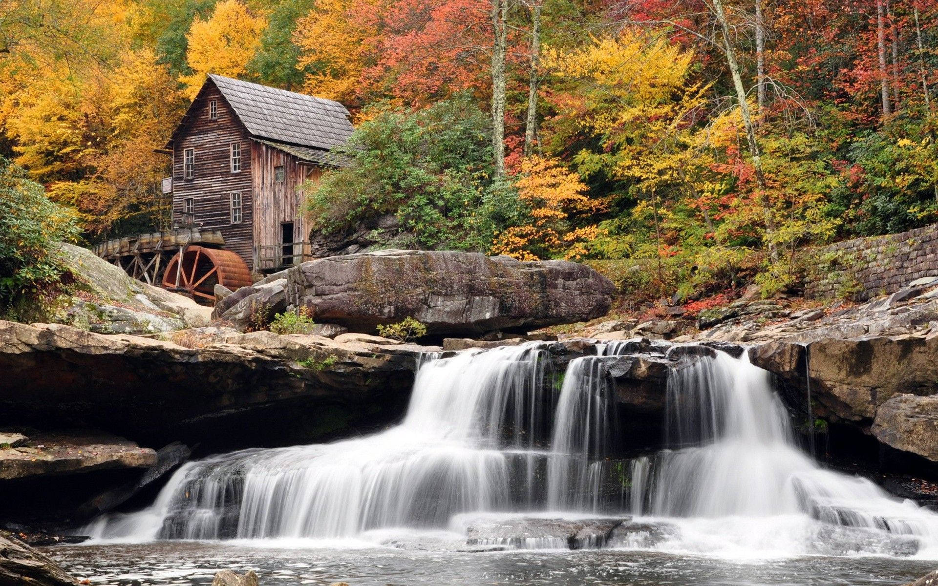 old mill, beautiful waterfall, rustic wooden watermill, Full HD Desktop Wallpaper