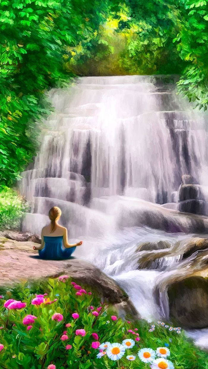woman, blue dress, cascading waterfall, SD Phone Wallpaper