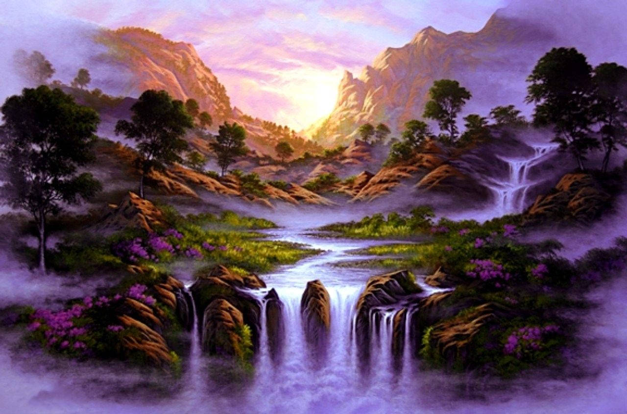 beautiful waterfall, sunrise, mountain valley, HD Desktop Wallpaper