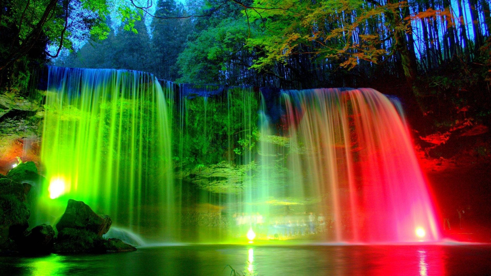 beautiful waterfall light, neon green, red lights, Full HD Desktop Wallpaper
