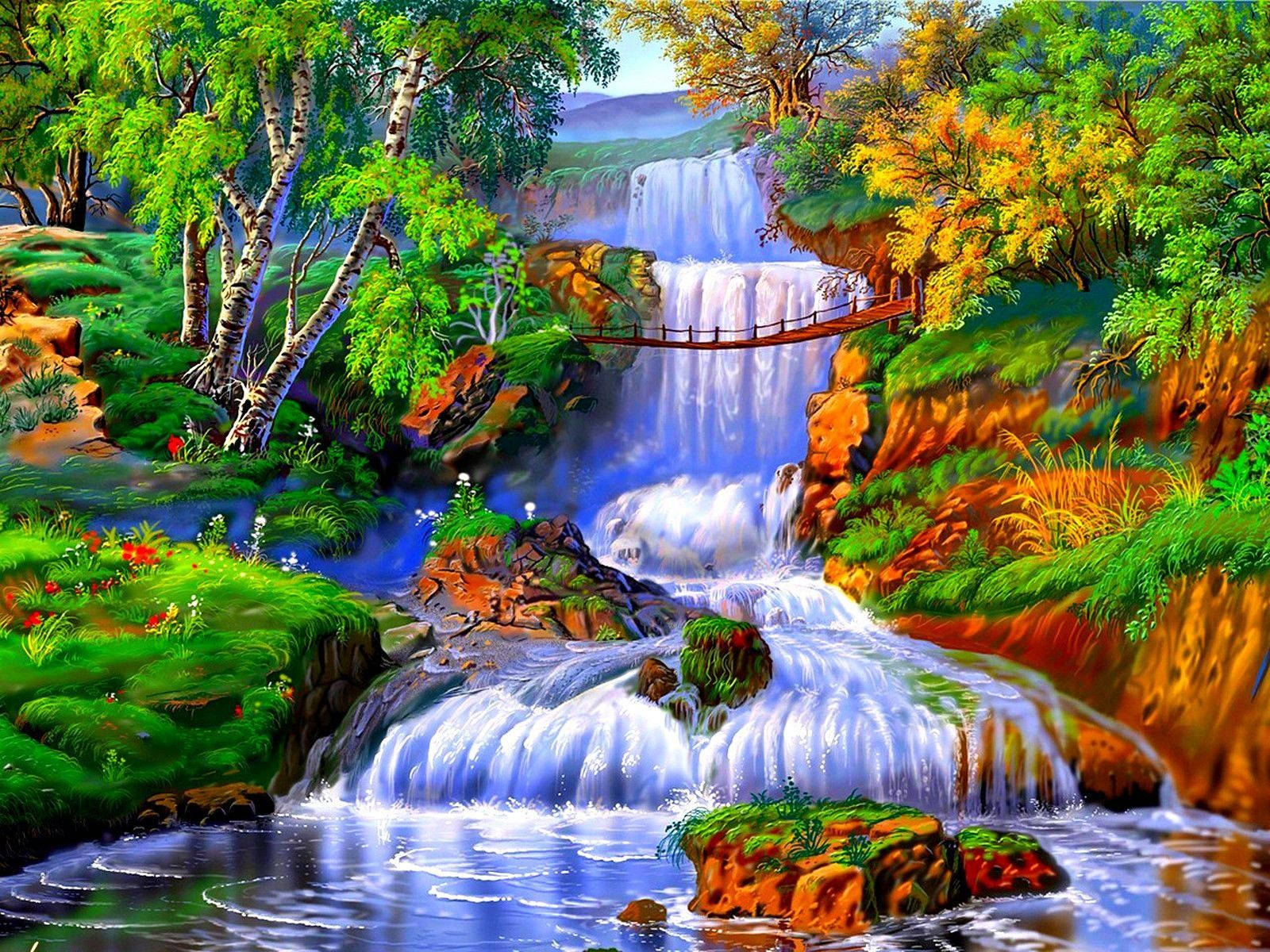 colorful forest, beautiful waterfall, lush green forest, HD Desktop Wallpaper