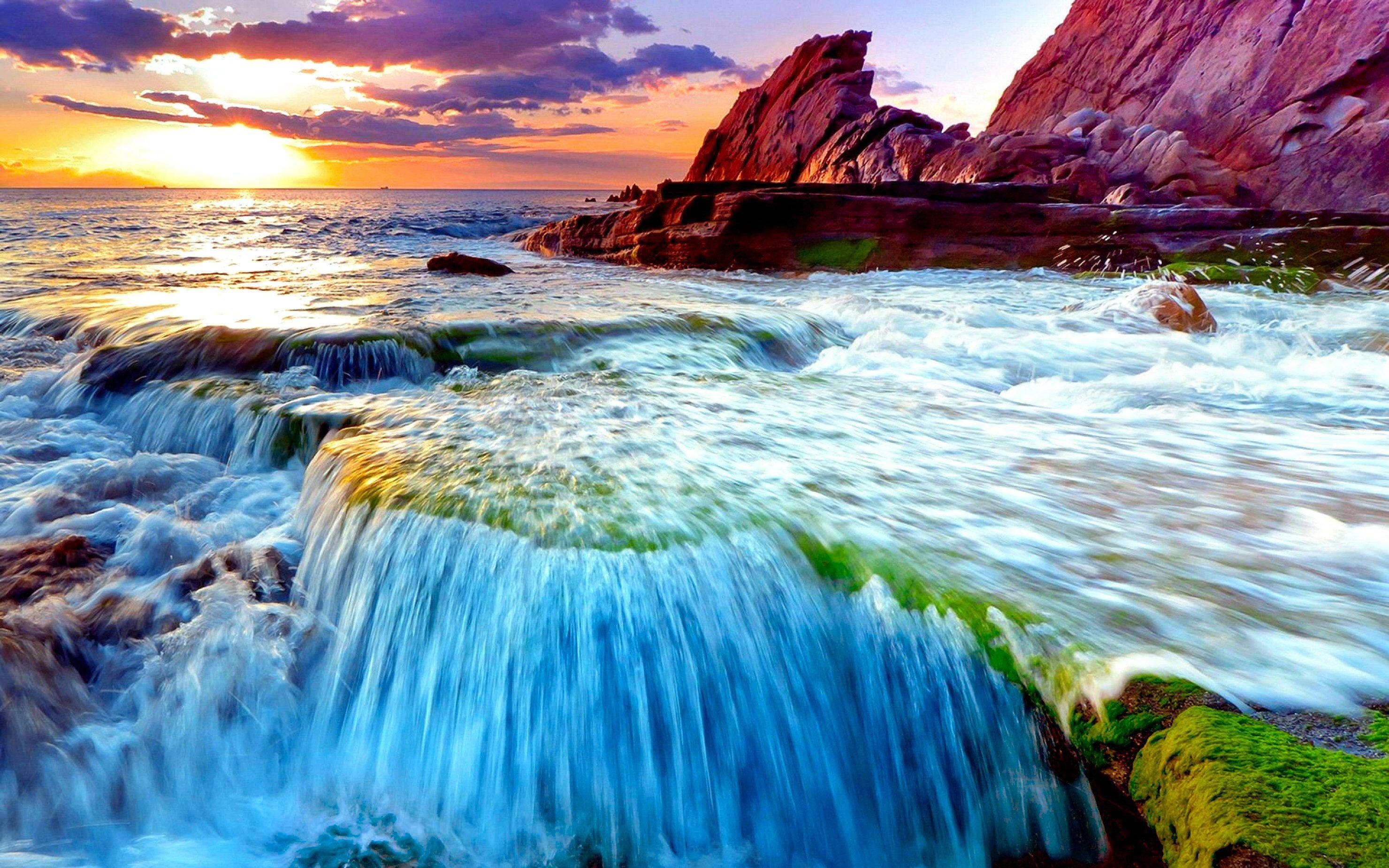 Sunset, fiery hues, mossy rocks, 2K Desktop Wallpaper