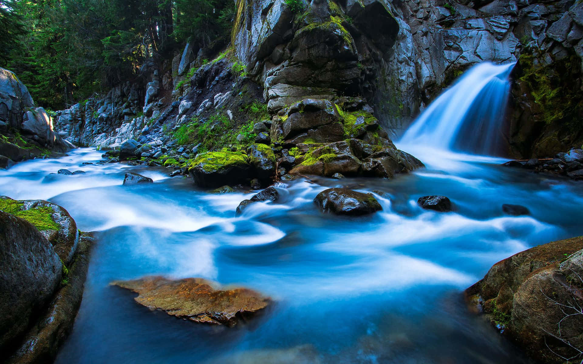 3D Waterfall, turquoise water, mossy rocks, Full HD Desktop Wallpaper
