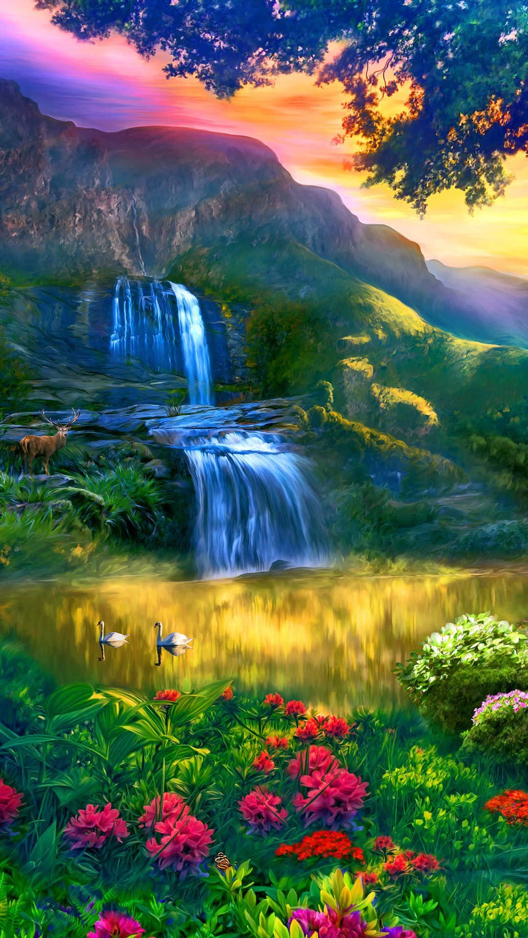 magnificent waterfall 3d art, lush green mountains, sunset, Full HD Phone Wallpaper