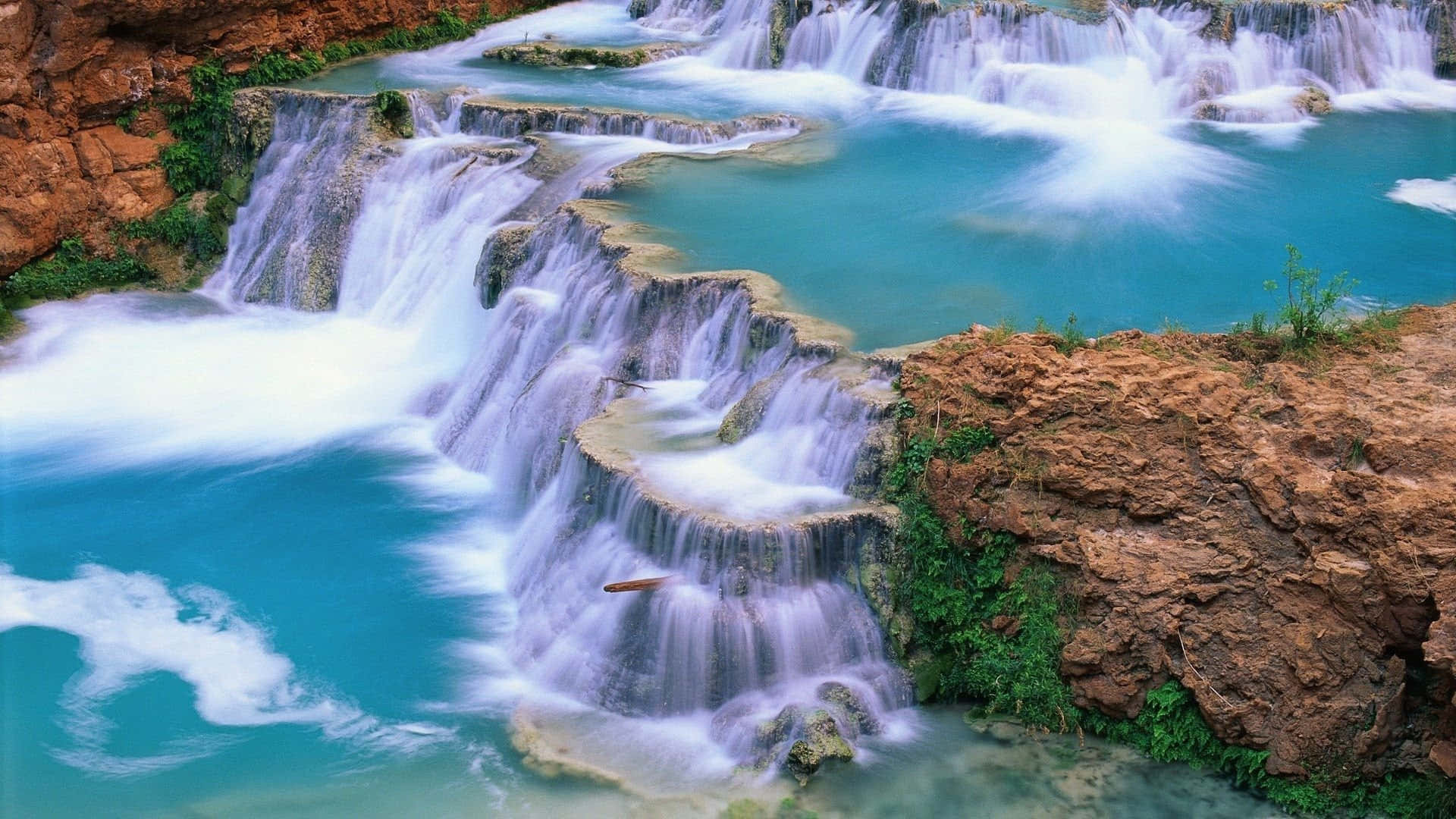 3D Waterfall, turquoise waterfall, layered rock formations, Full HD Desktop Wallpaper