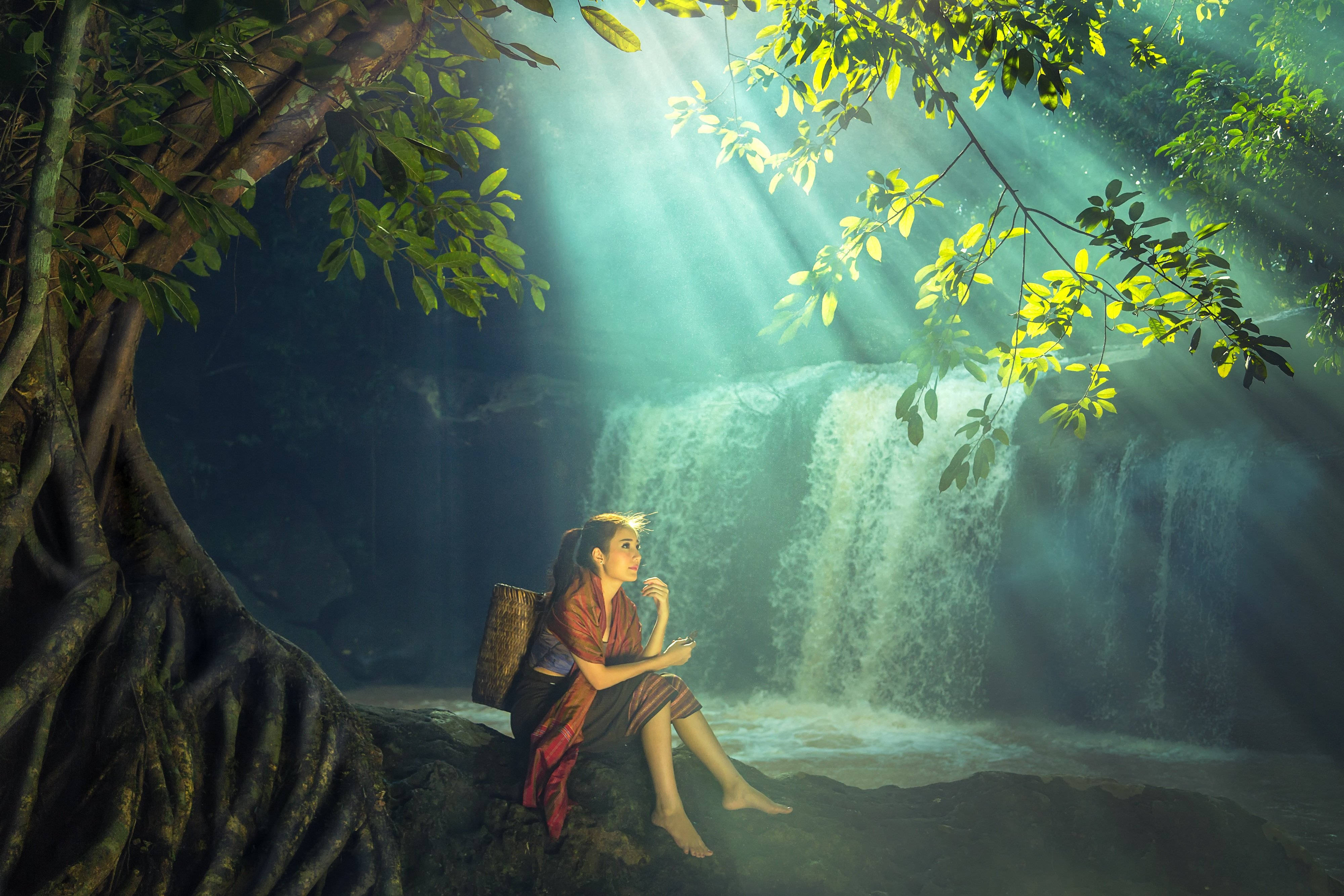 woman, beautiful waterfall, traditional attire, 4K Desktop Wallpaper