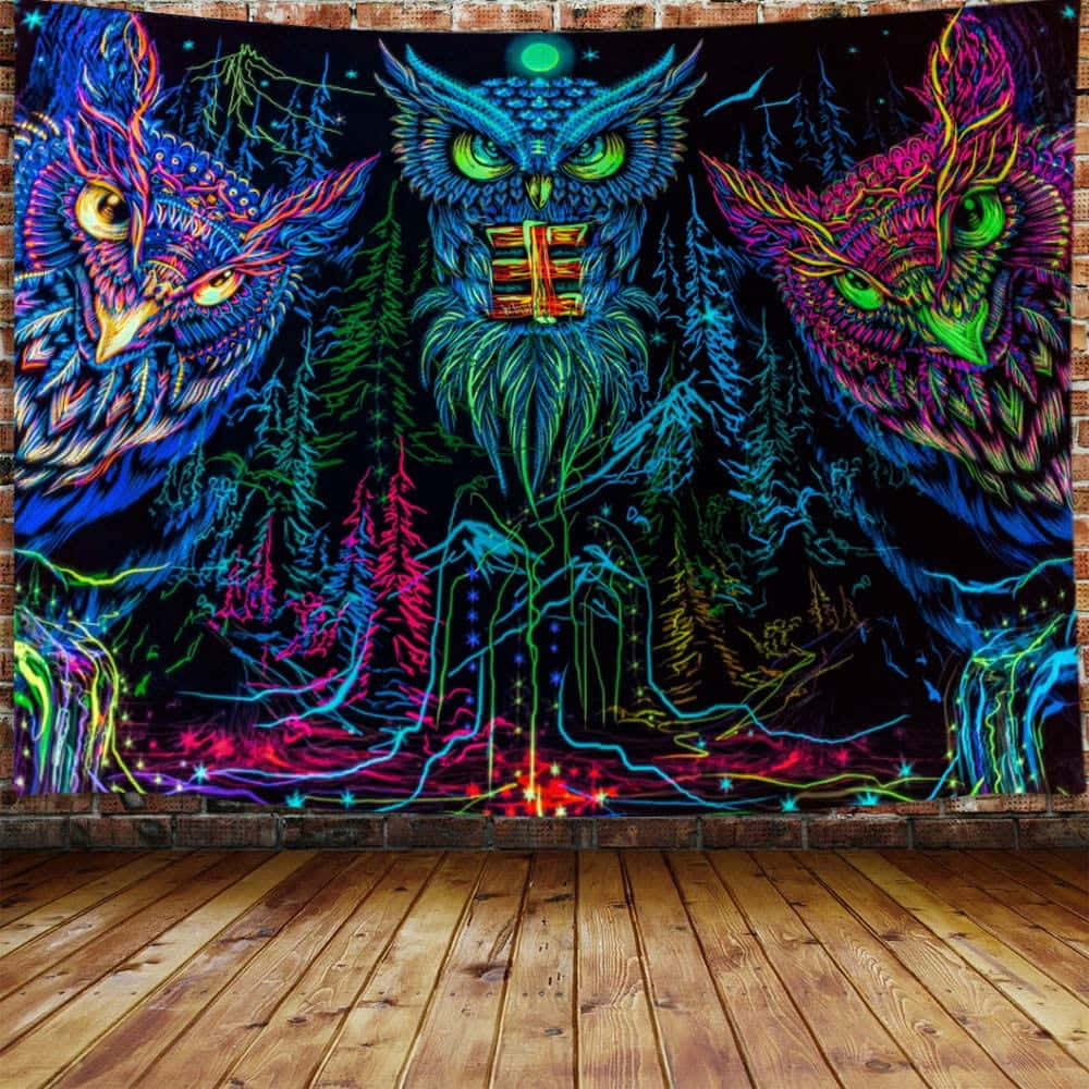 neon owl, glowing eyes, forest backdrop, SD Desktop Wallpaper