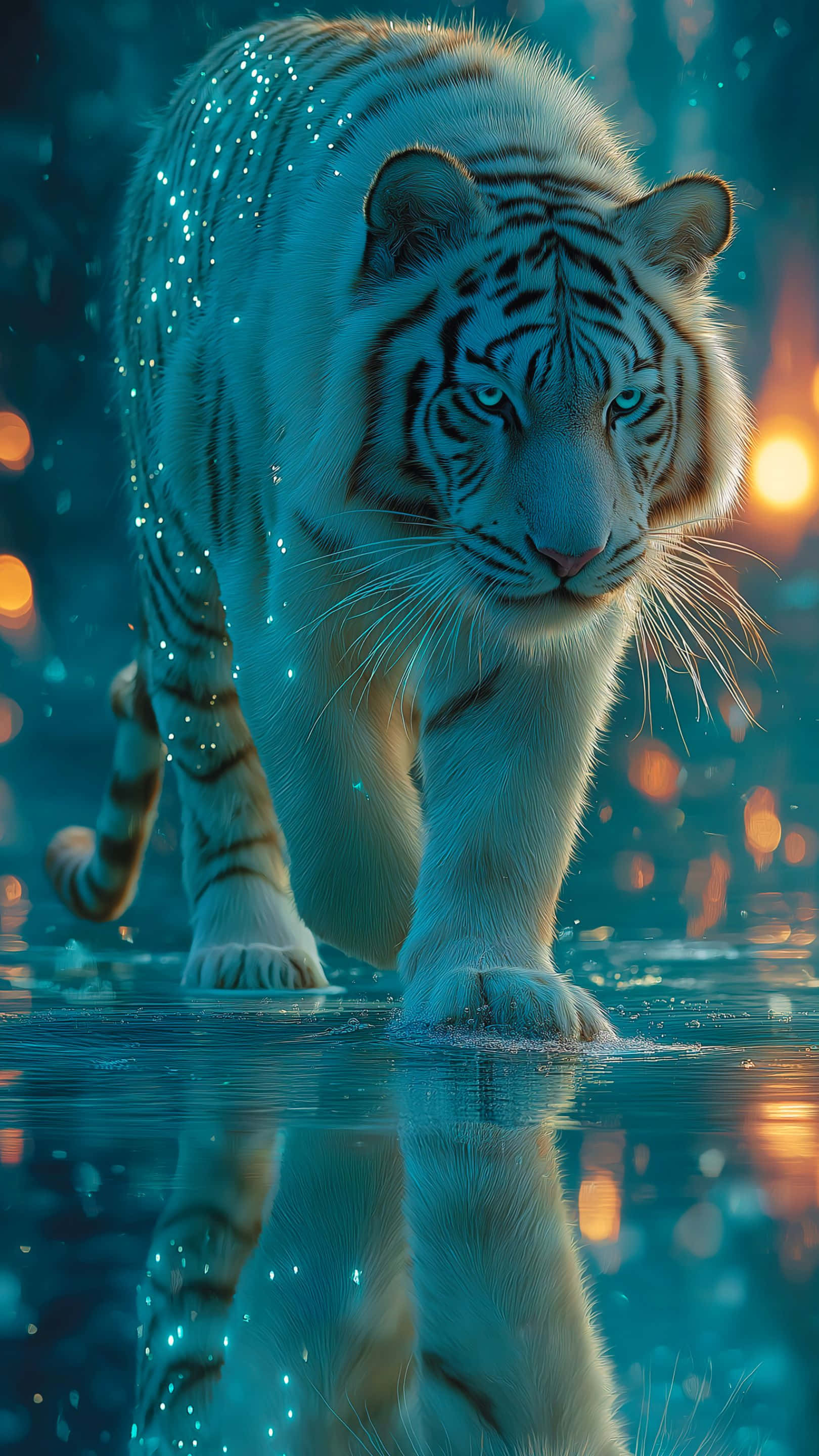 white tiger, glowing blue eyes, shimmering water, 2K Phone Wallpaper