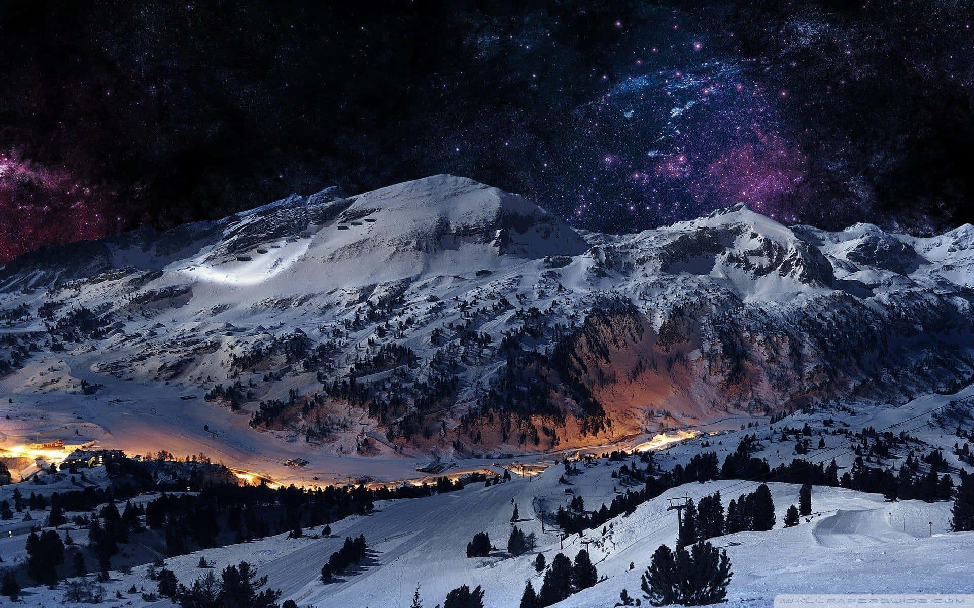 snowy mountain peaks, vibrant starry sky, purple nebulae, Full HD Desktop Wallpaper