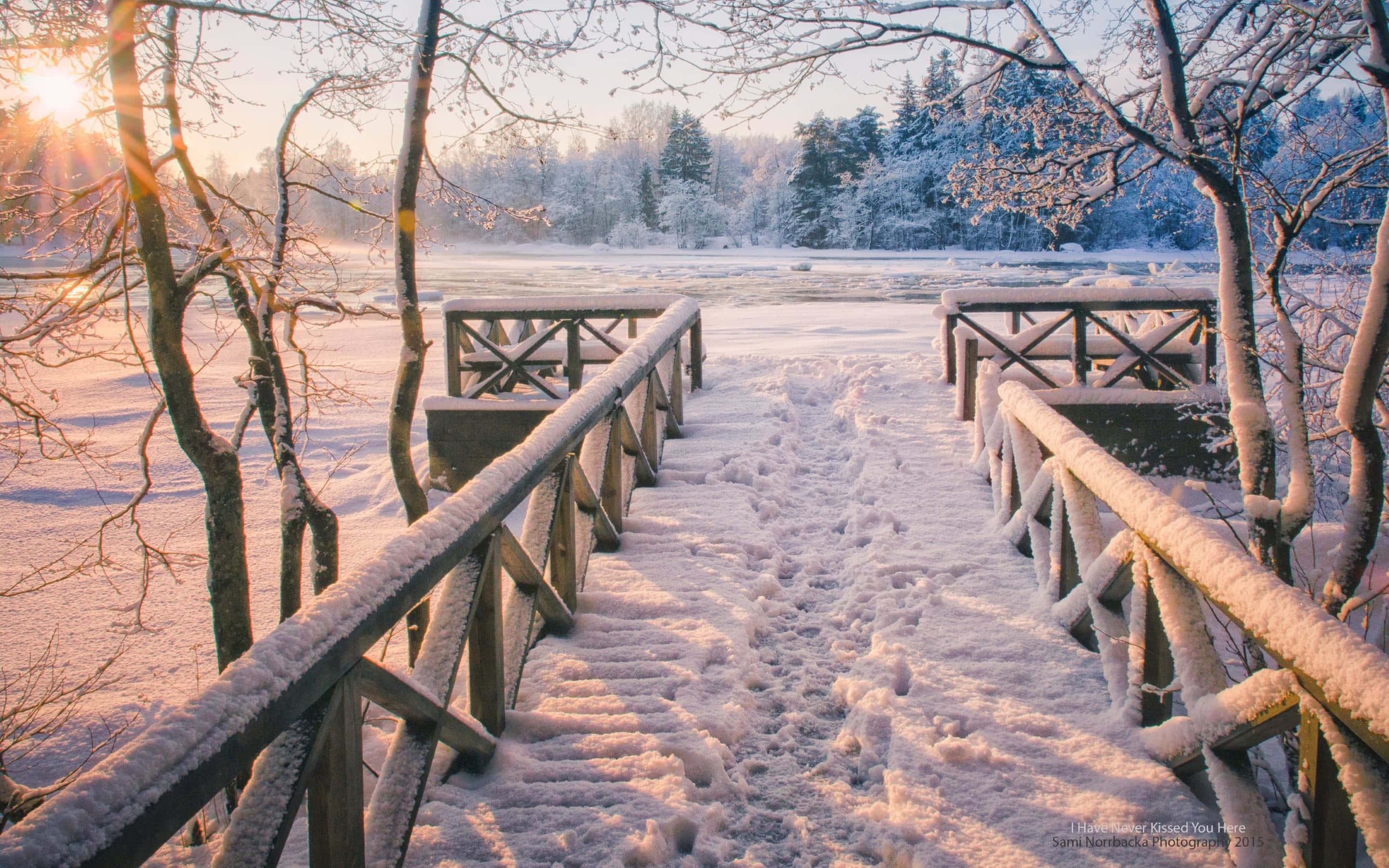beautiful winter, snow-covered wooden bridge, frozen lake, 2K Desktop Wallpaper