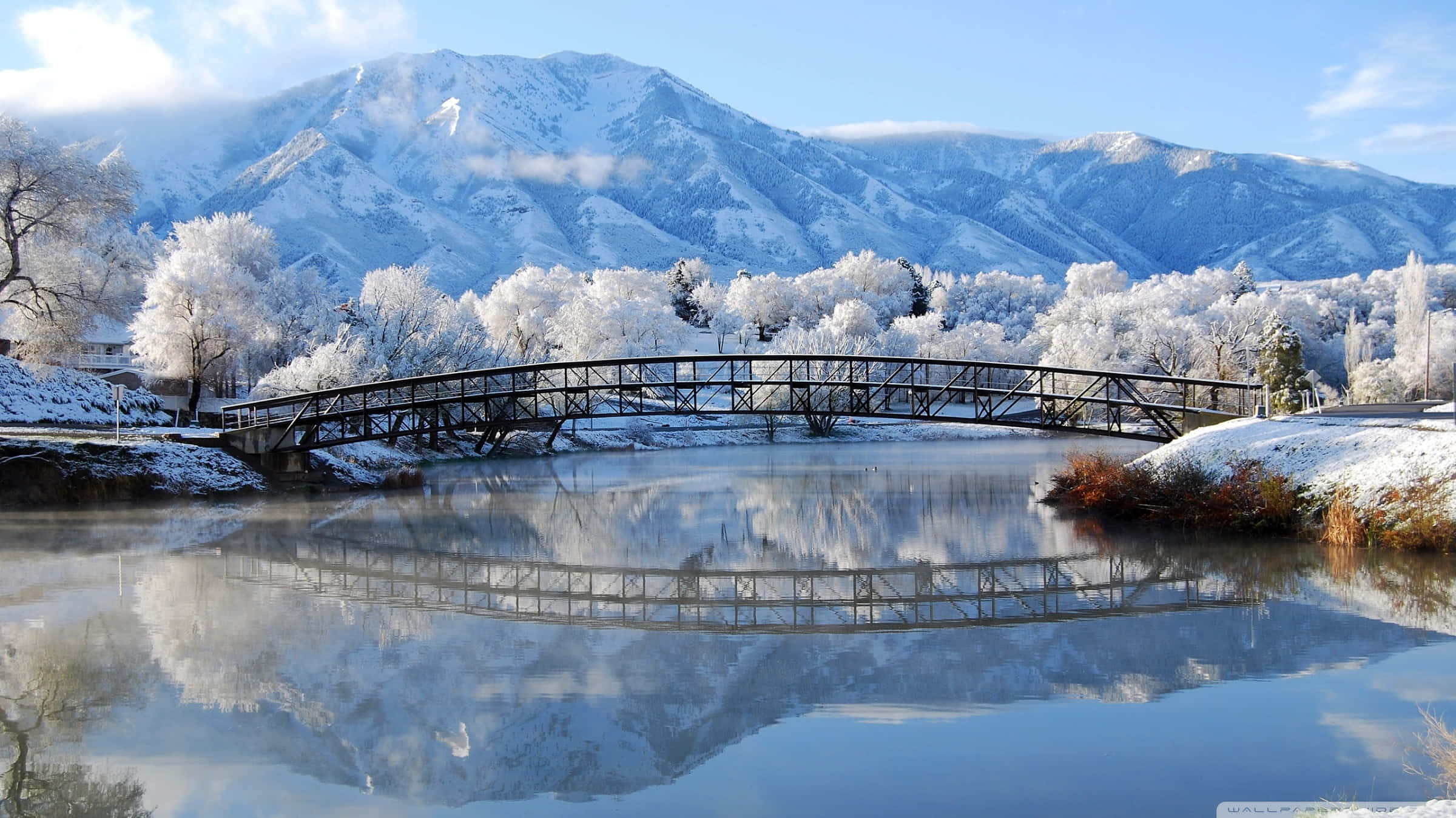 snow-covered bridge, calm river, snowy mountains, Full HD Desktop Wallpaper
