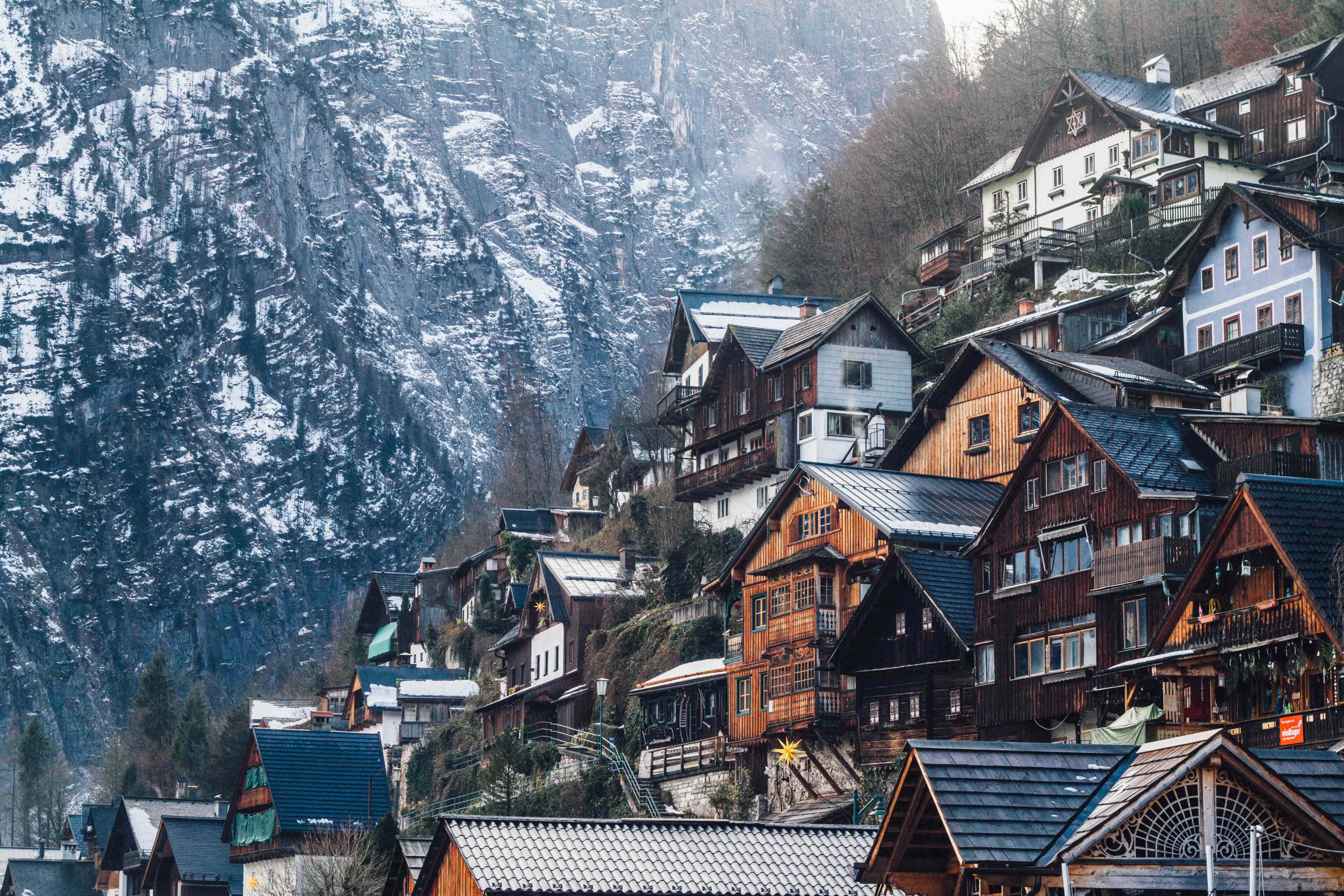snow-capped mountain, frozen lake, alpine village, 5K Desktop Wallpaper