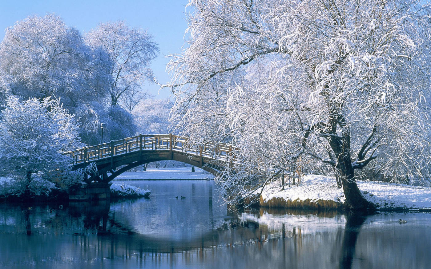 wooden arched bridge, calm winter river, snow-covered trees, HD Desktop Wallpaper