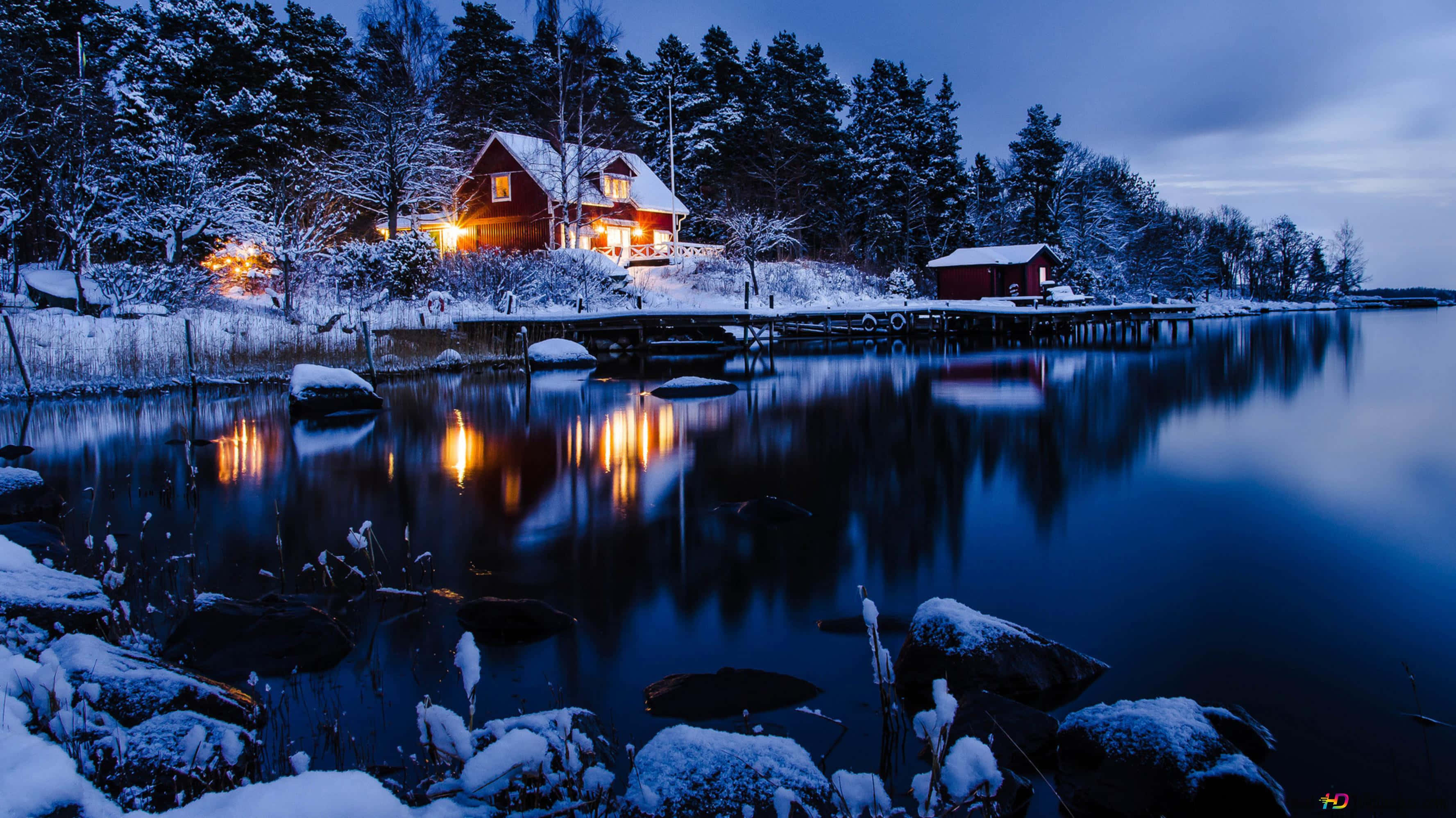 red cabin, snowy lakeshore, twilight, 2K Desktop Wallpaper