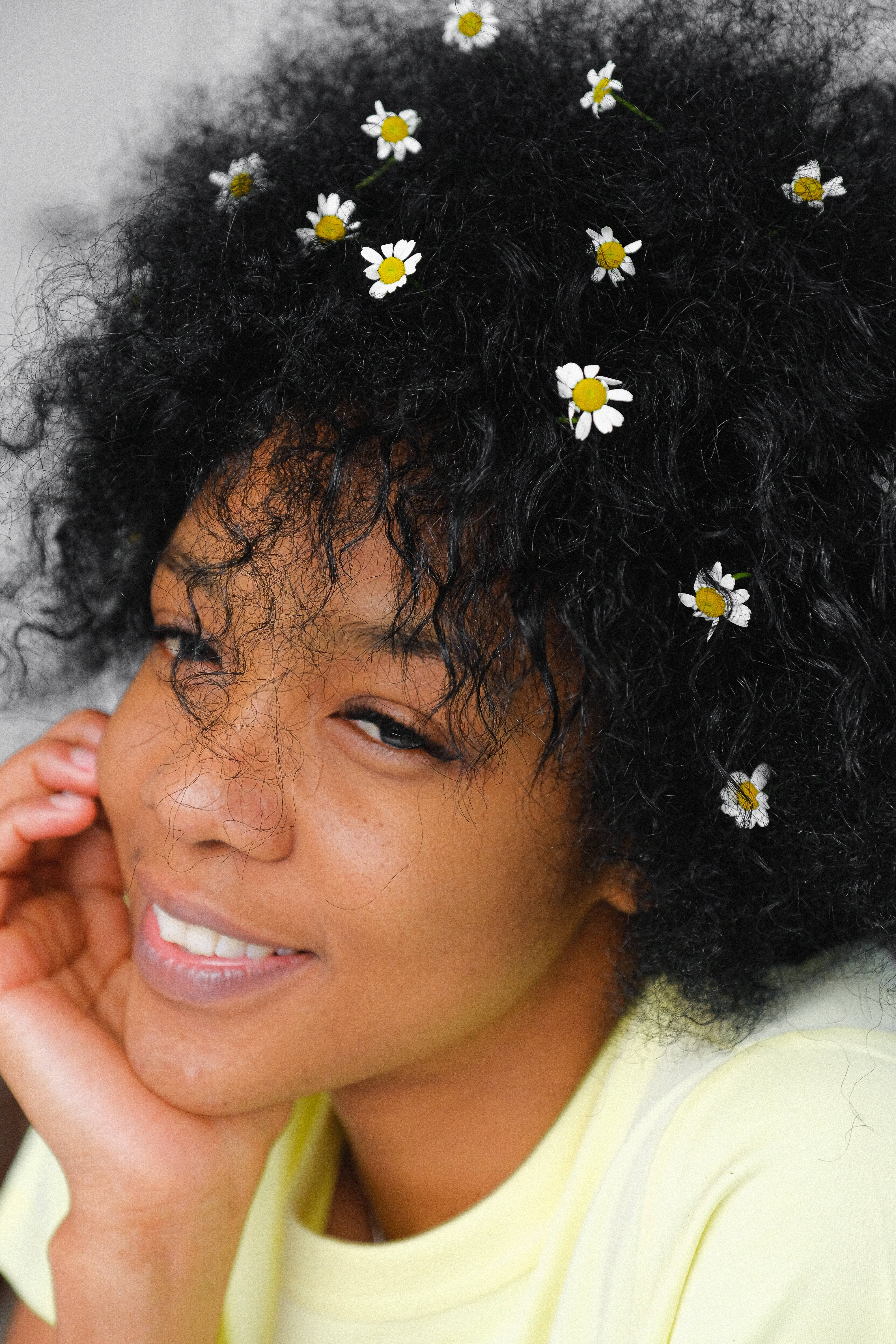 beautiful black woman, flower hair, voluminous dark curls, 5K Phone Wallpaper