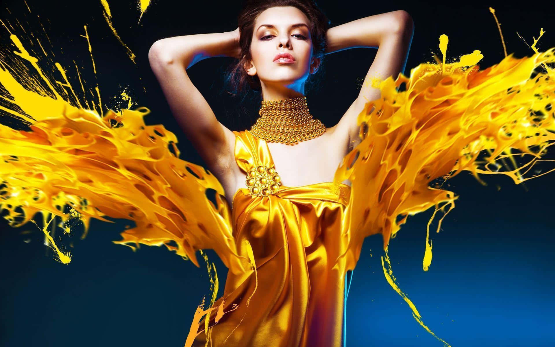 golden dress, vibrant yellow paint, dark blue background, Full HD Desktop Wallpaper