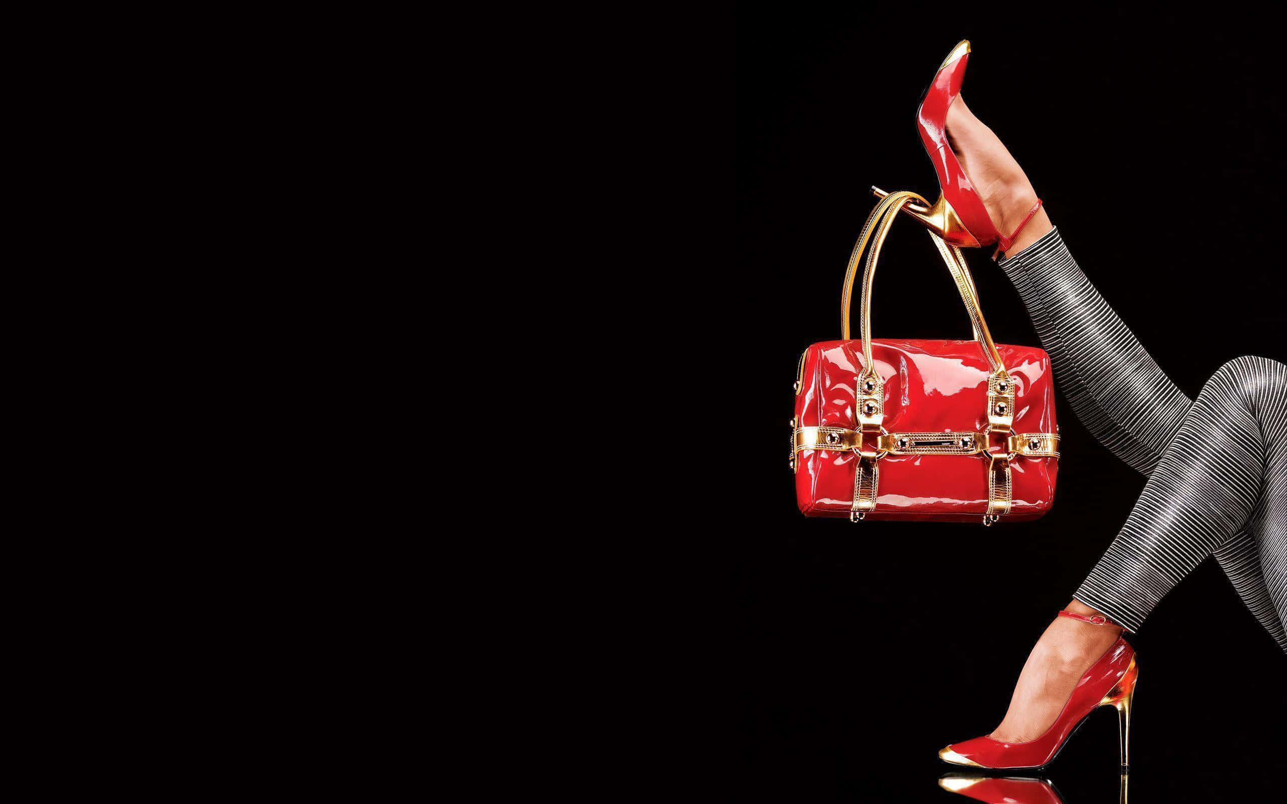 red heels, striped pants, glossy red handbag, 2K Desktop Wallpaper