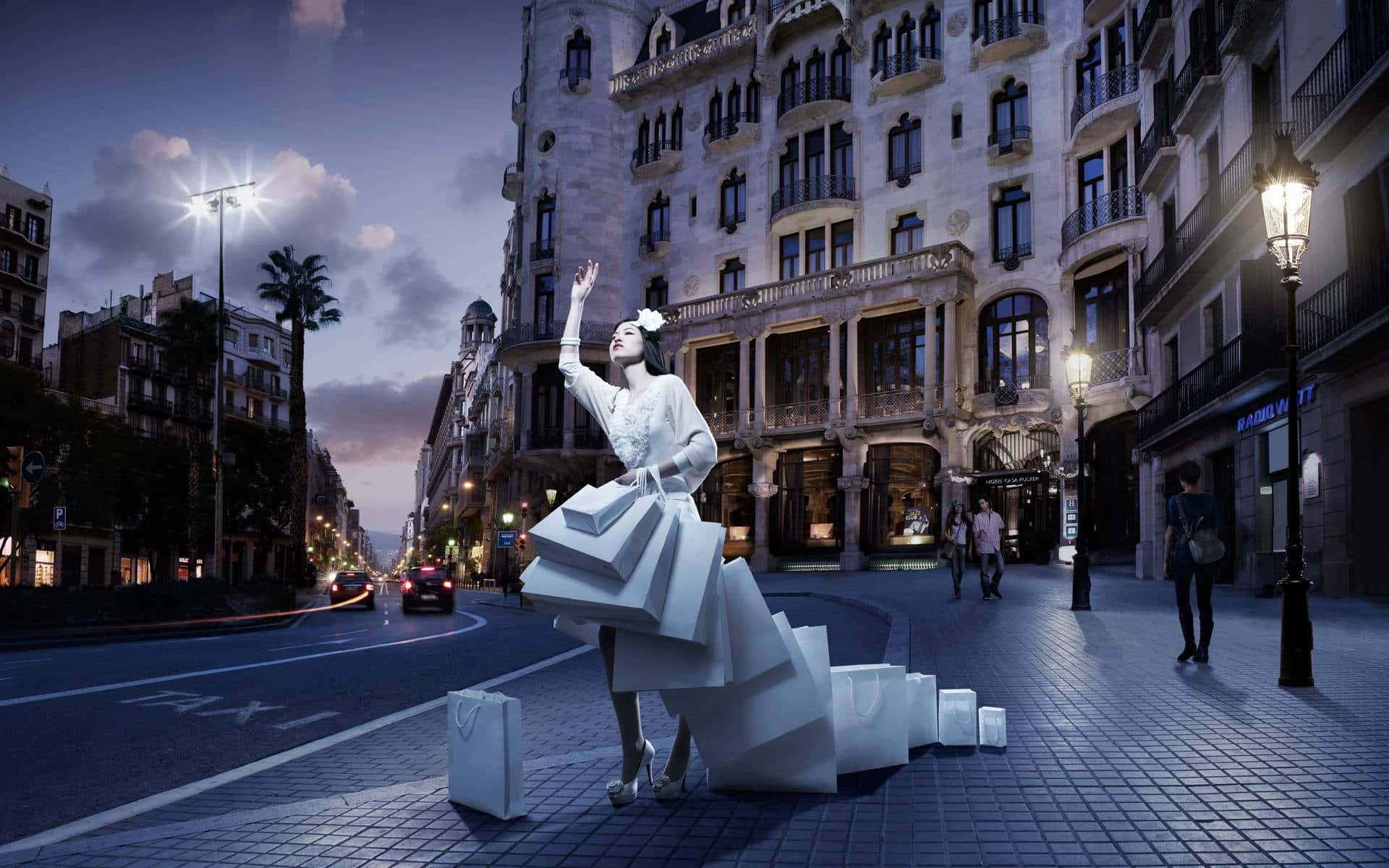 white dress, city street, dusk, Full HD Desktop Wallpaper