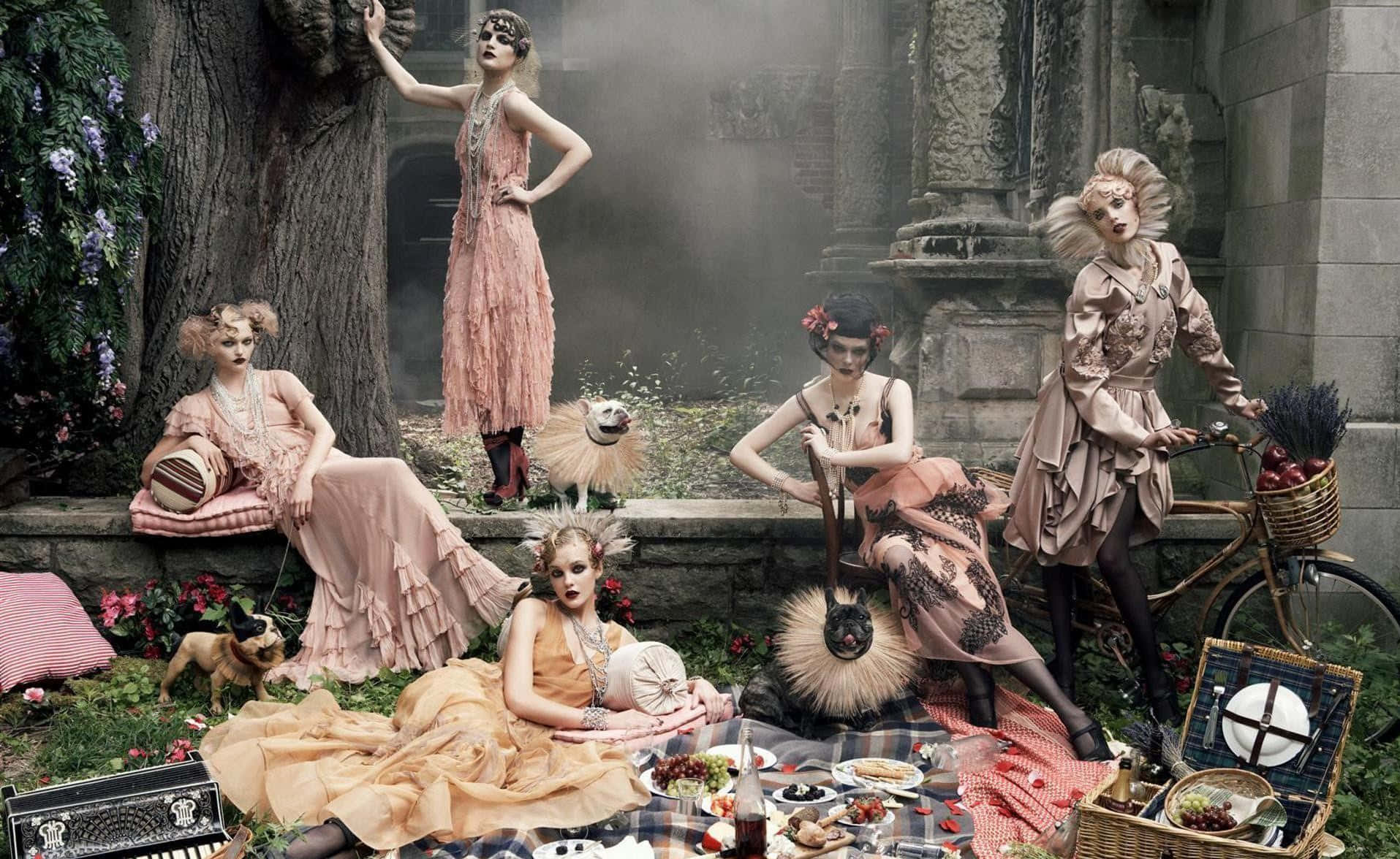 vintage pink dresses, ruins, dog, HD Desktop Wallpaper