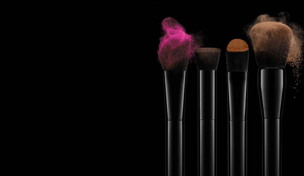 black makeup brushes, pink and brown powder, stark black background, SD Desktop Wallpaper