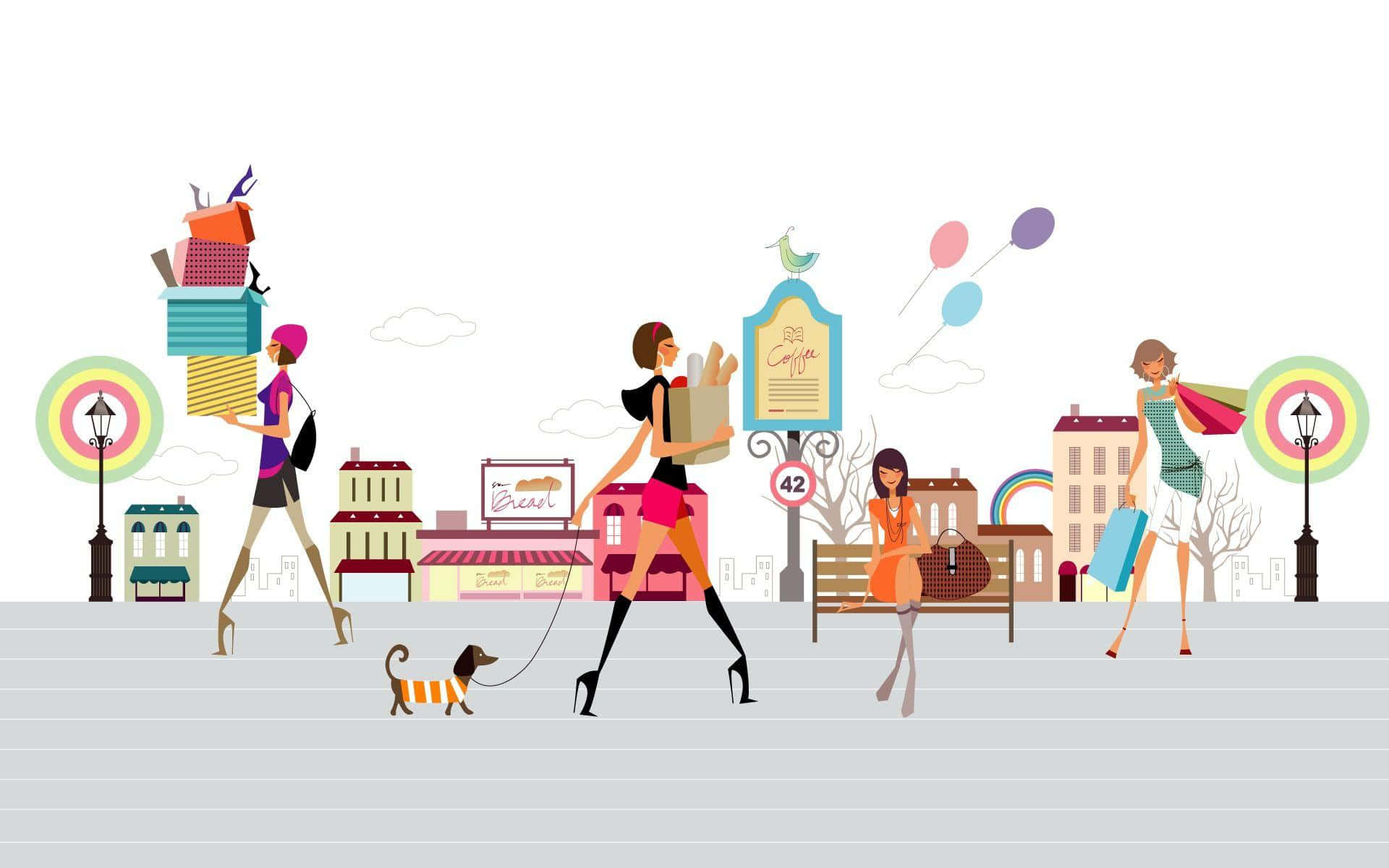 colorful cartoon cityscape, shopping bags, dog in striped sweater, Full HD Desktop Wallpaper