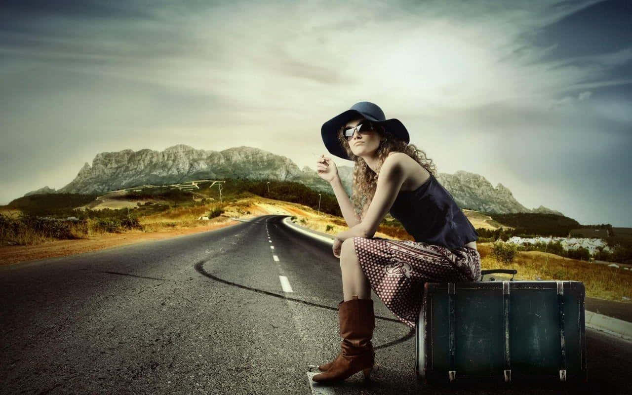 wide-brimmed hat, sunglasses, vintage suitcase, HD Desktop Wallpaper