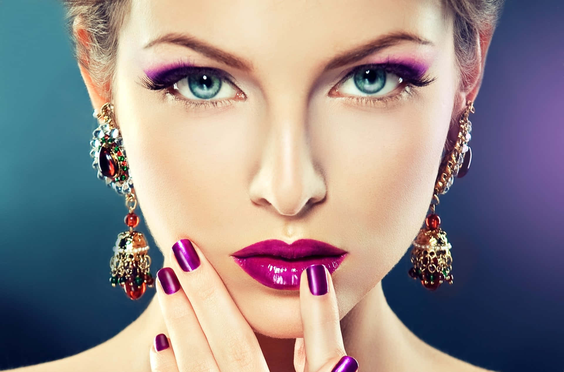 Beauty And Fashion, bold purple makeup, jeweled earrings, Full HD Desktop Wallpaper