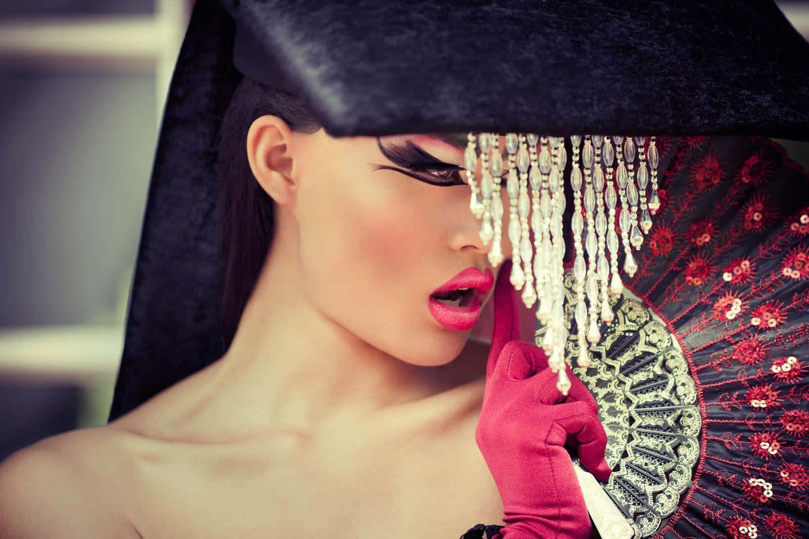 black velvet hat, dangling beads, red embroidered fan, HD Desktop Wallpaper