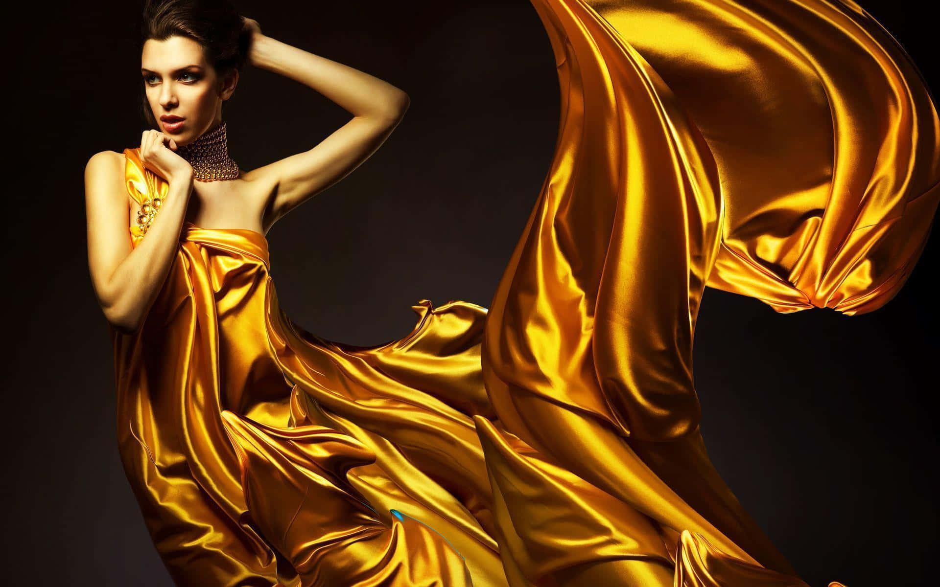 golden satin gown, flowing, glamorous woman, Full HD Desktop Wallpaper