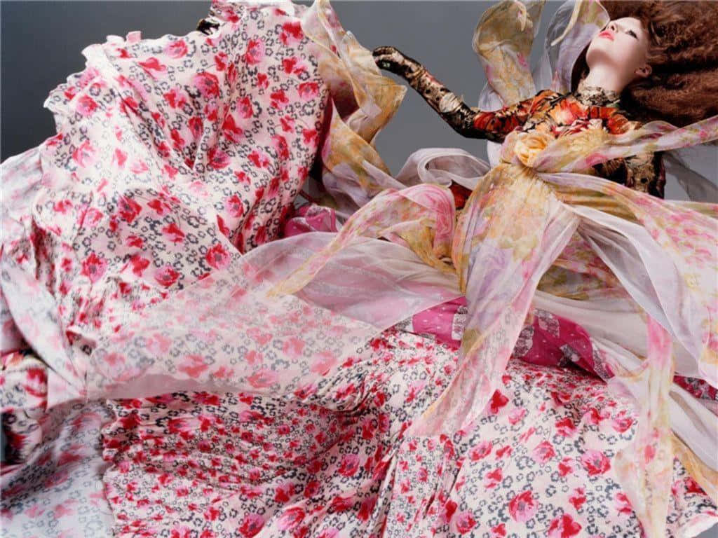 curly brown hair, flowing floral fabric, red pink and black patterns, SD Desktop Wallpaper