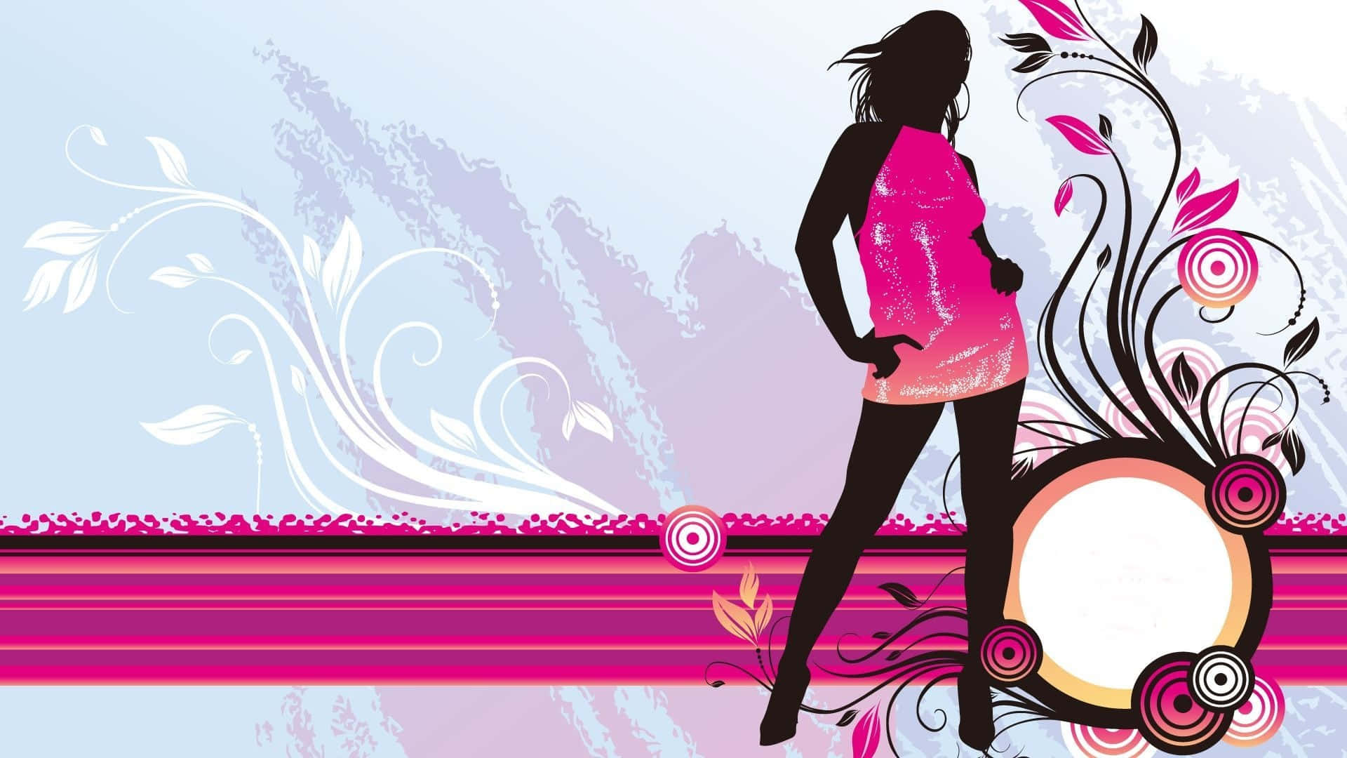 pink dress, silhouette of a woman, stylized floral background, Full HD Desktop Wallpaper