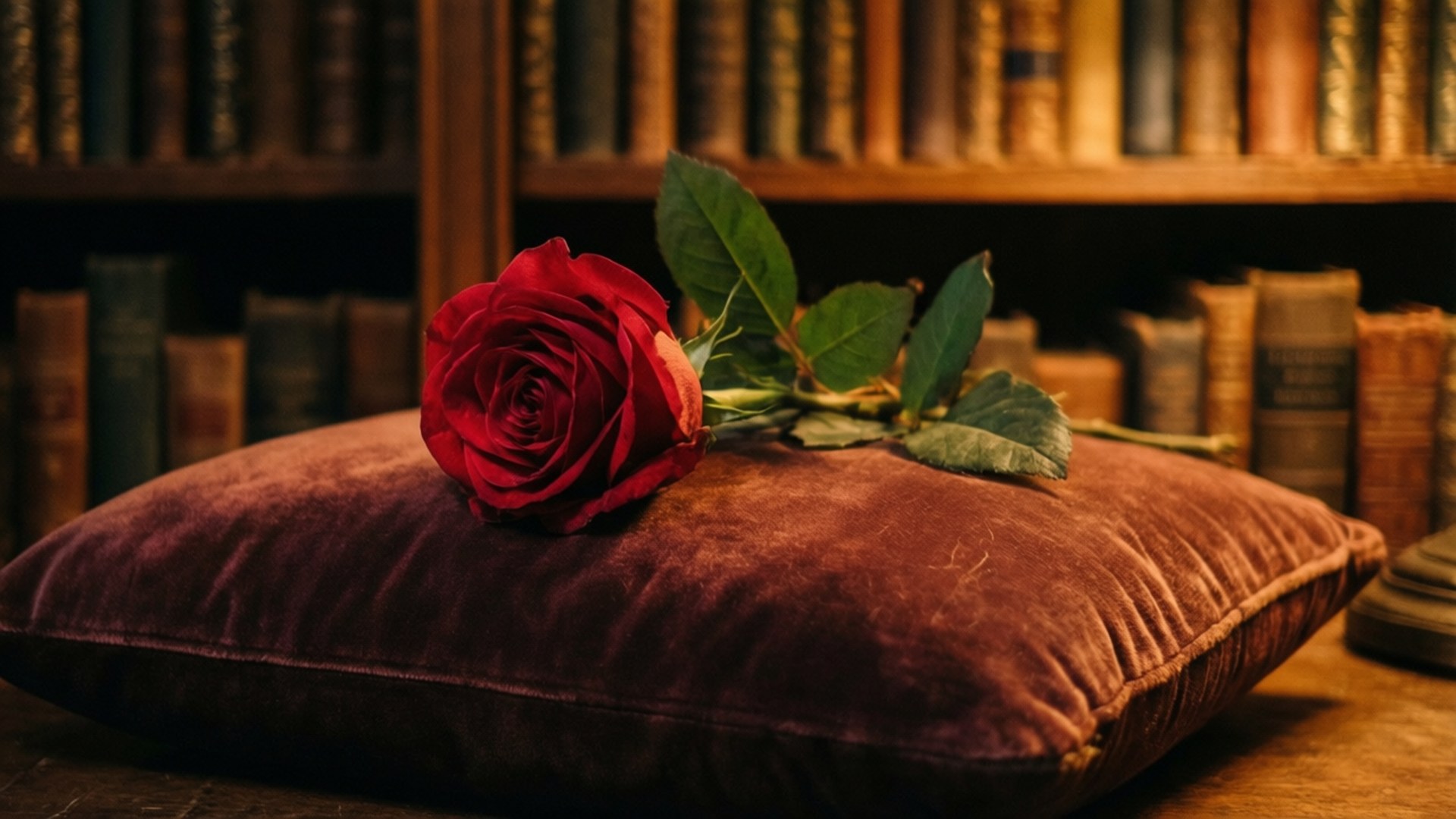 deep red rose, green leaves, plush burgundy velvet pillow, Full HD Desktop Wallpaper