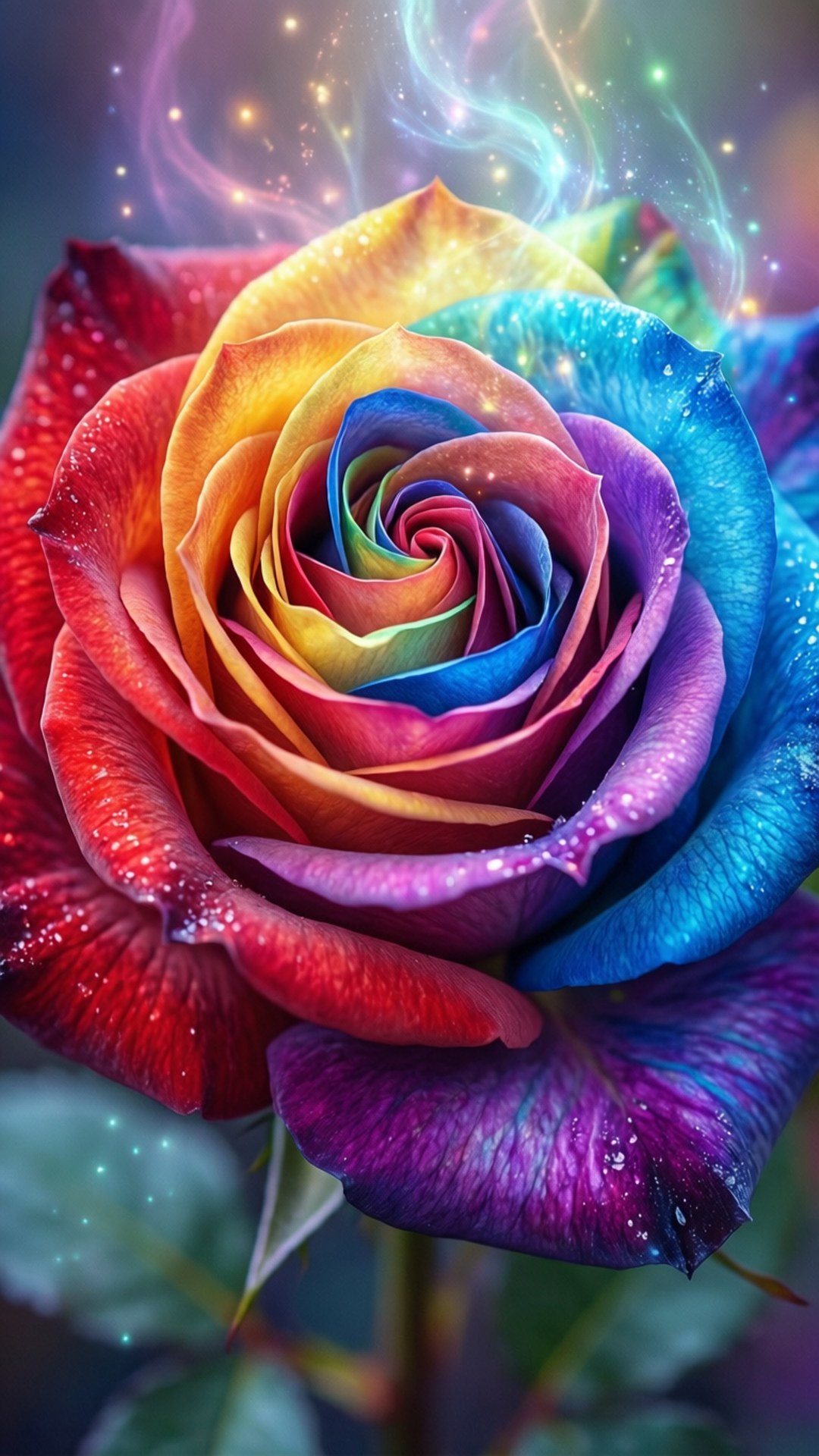 rainbow rose, swirling petals, sparkling magical light, Full HD Phone Wallpaper