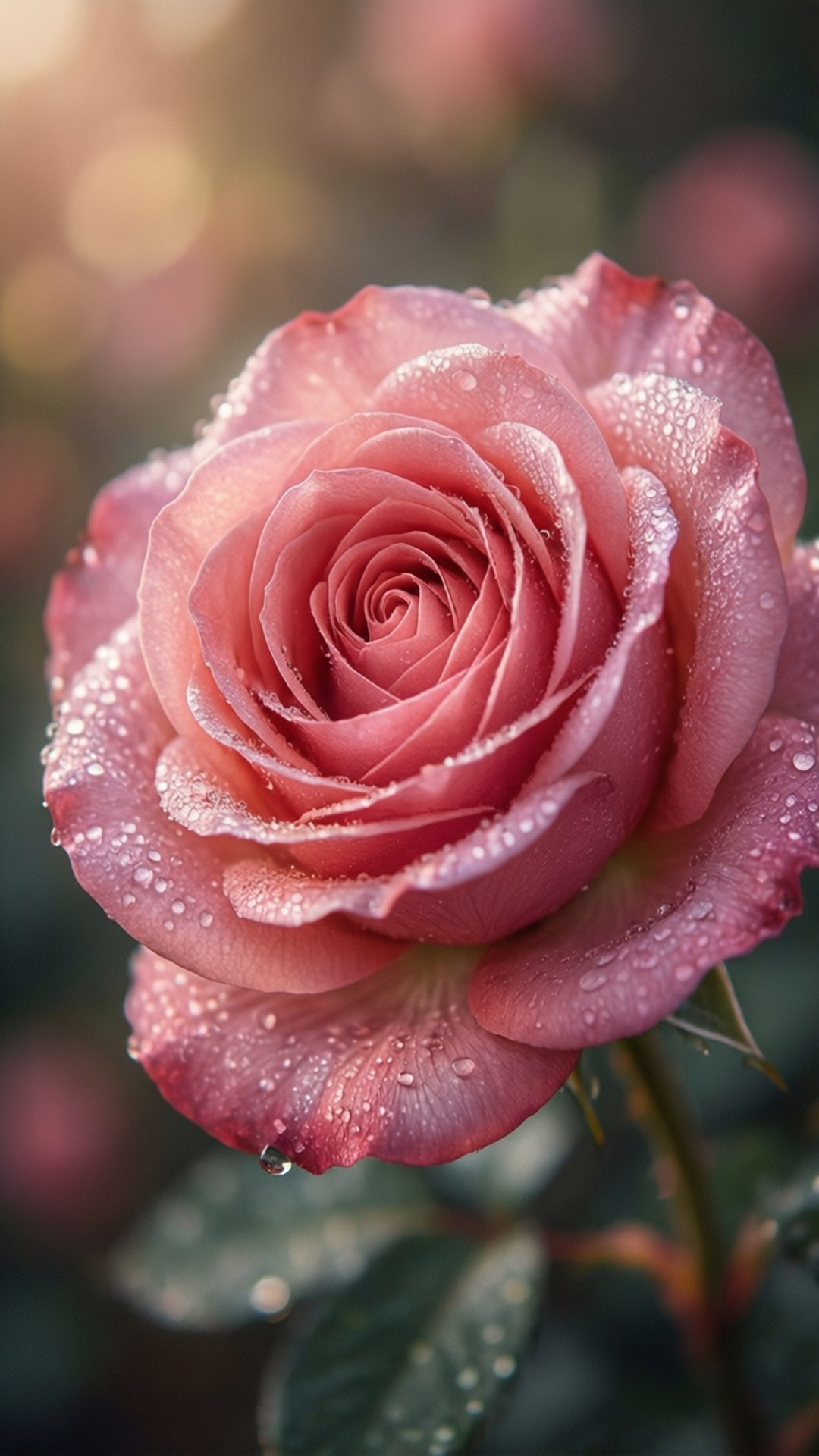 pink rose, dewdrops, soft blurred garden background, Full HD Phone Wallpaper