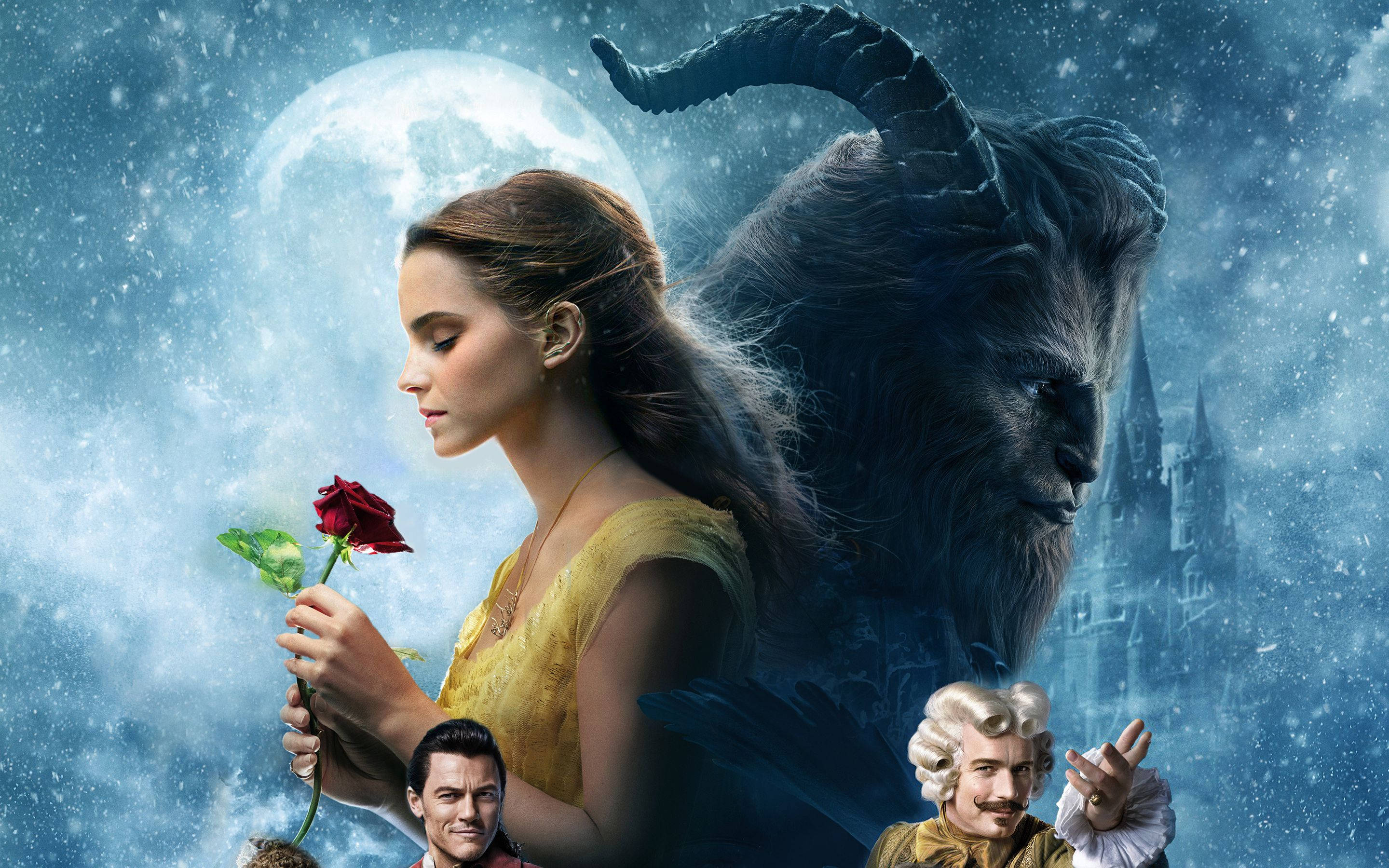 Beauty And The Beast, yellow gown, red rose, 2K Desktop Wallpaper