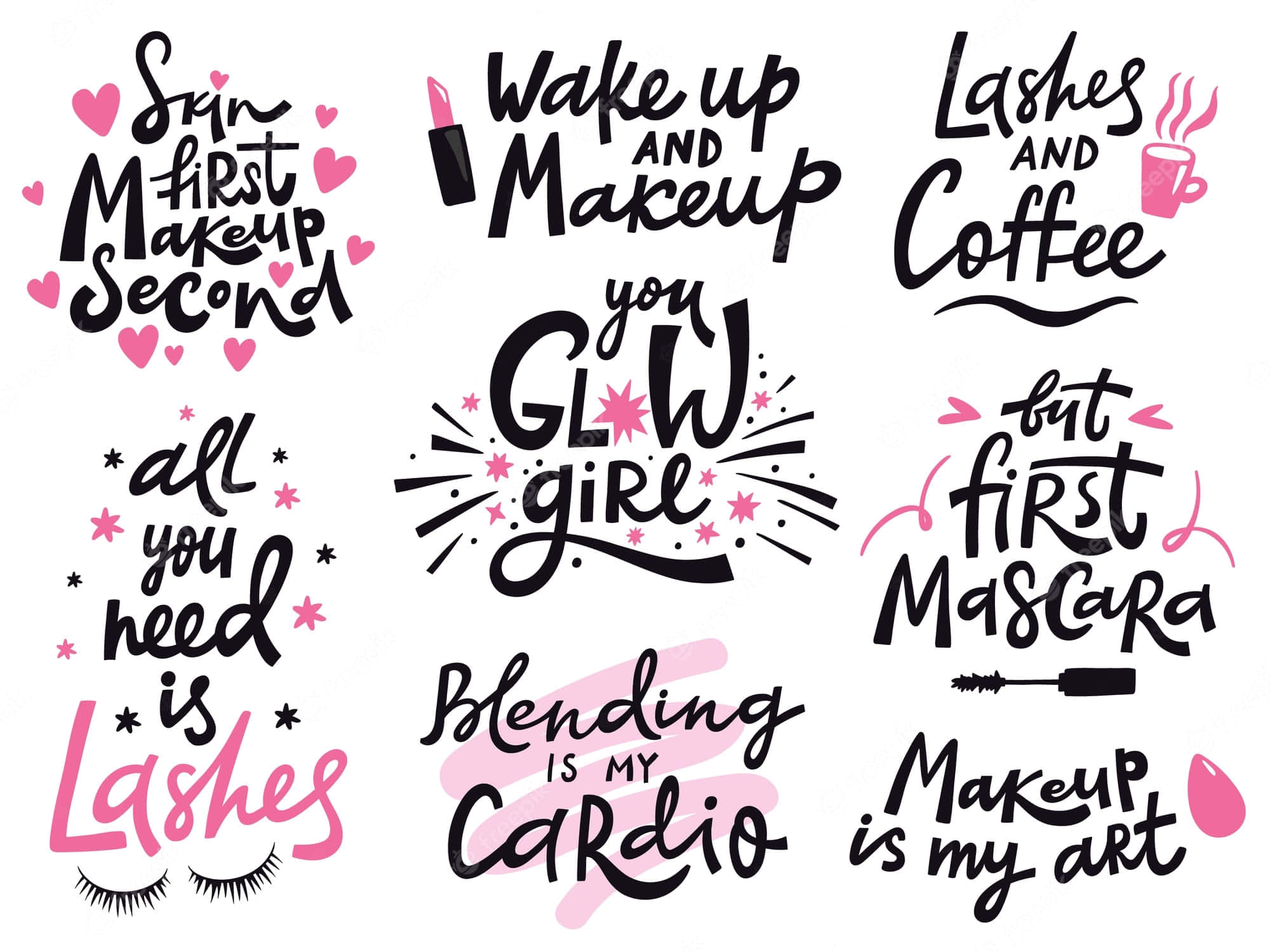 Beautyand Makeup Inspirational Quotes, pink hearts, beauty icons, Full HD Desktop Wallpaper