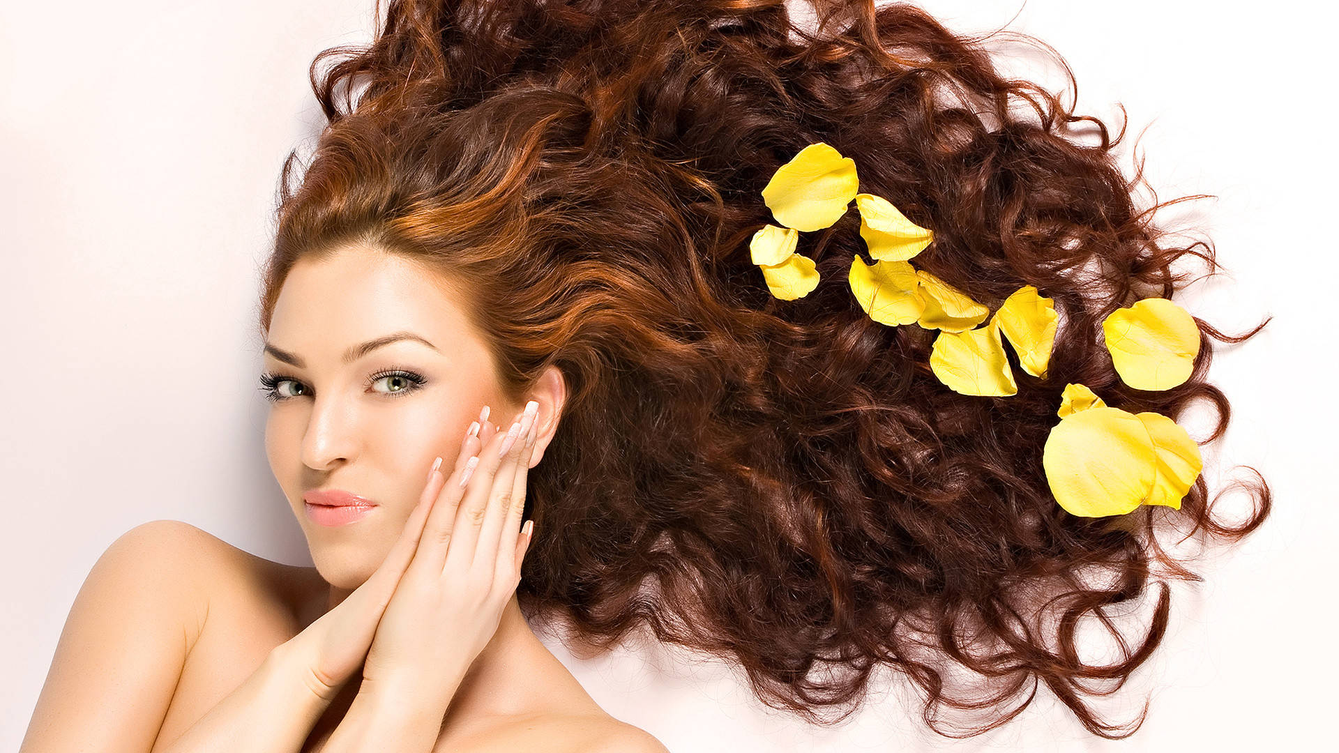 beauty salon, voluminous brown curls, yellow petals, Full HD Desktop Wallpaper