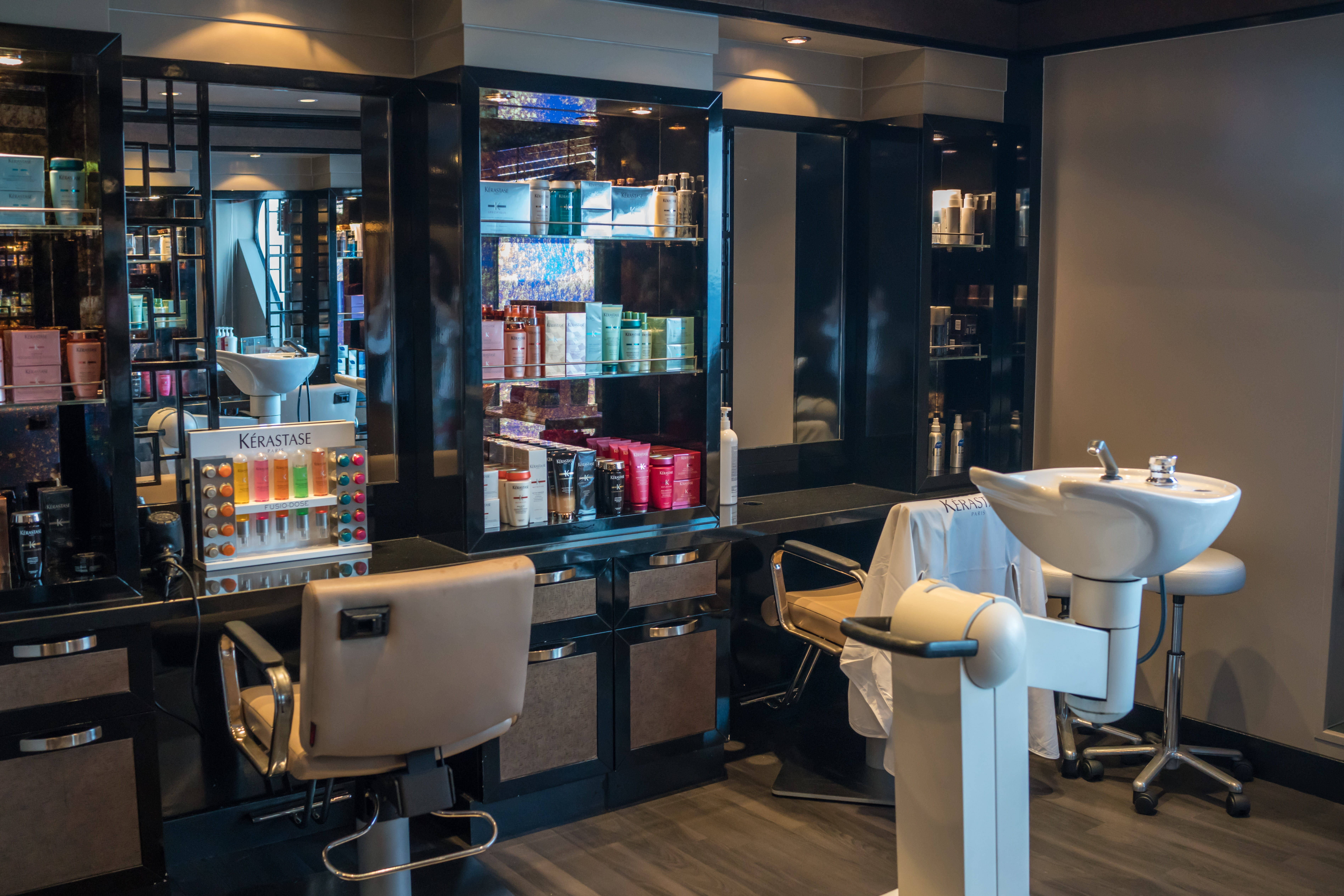 hair salon, black and white interior, sleek black cabinets, 5K Desktop Wallpaper