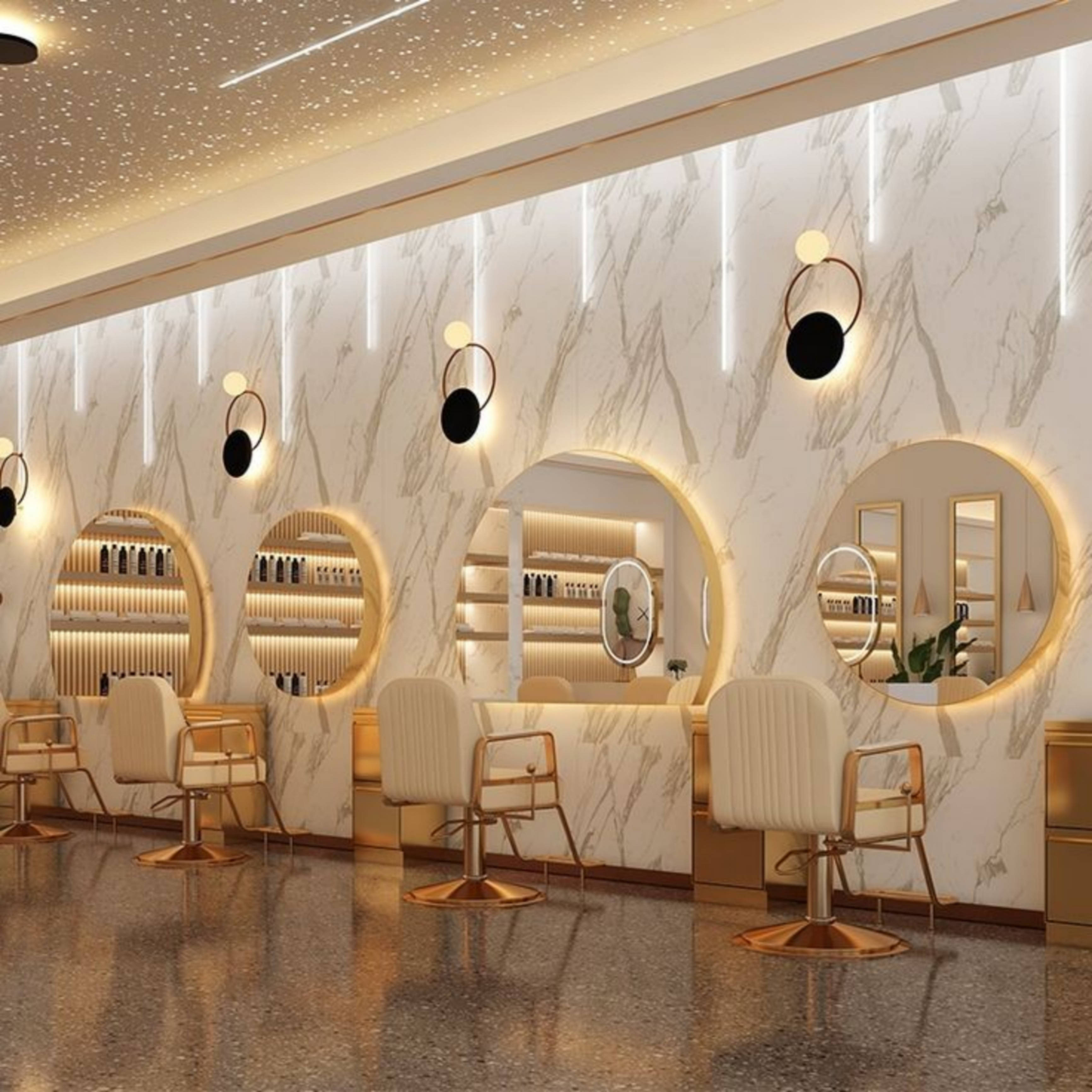 marble walls, glowing circular mirrors, gold accents, 2K Desktop Wallpaper