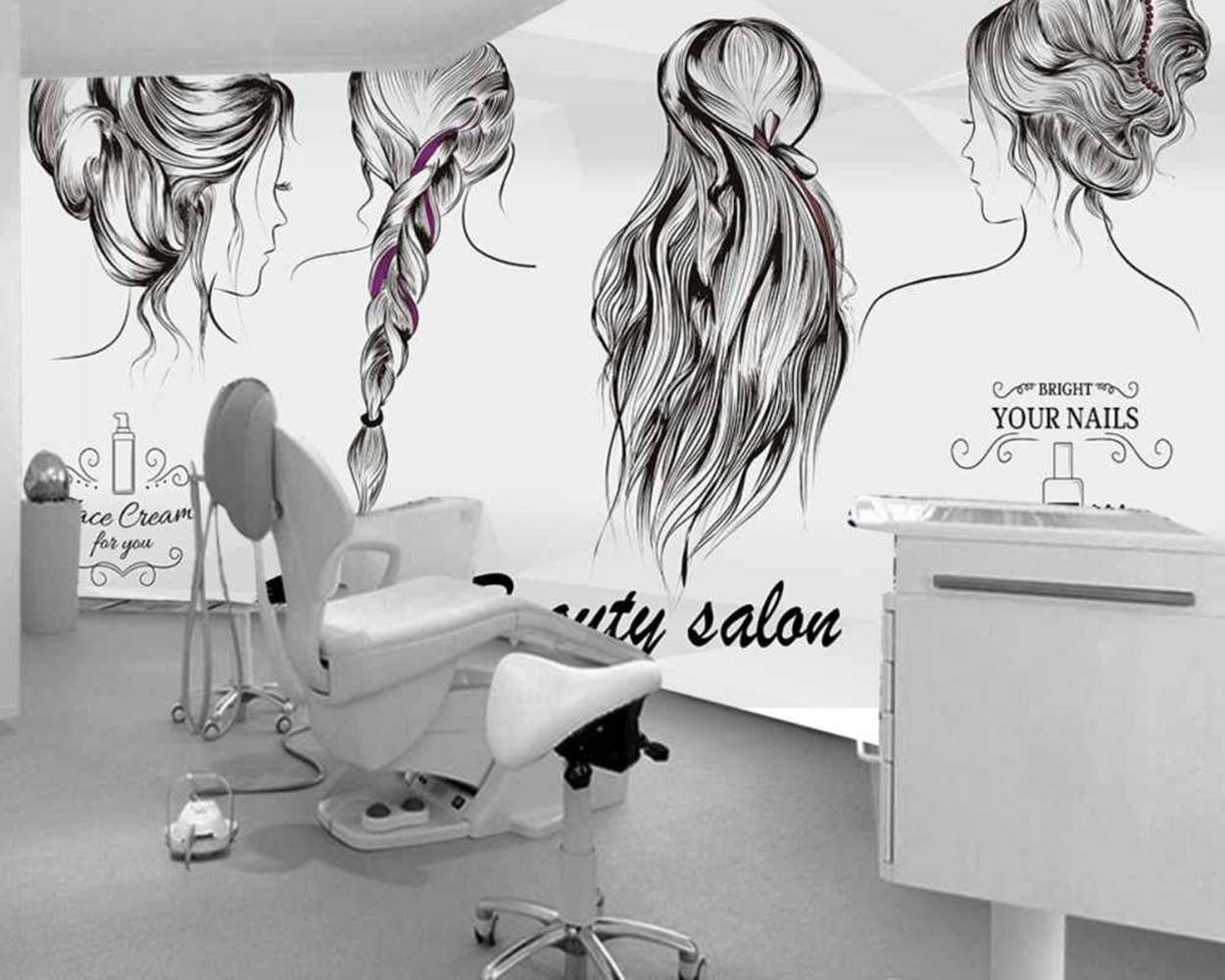 monochrome, beauty salon interior, stylized wall art, SD Desktop Wallpaper