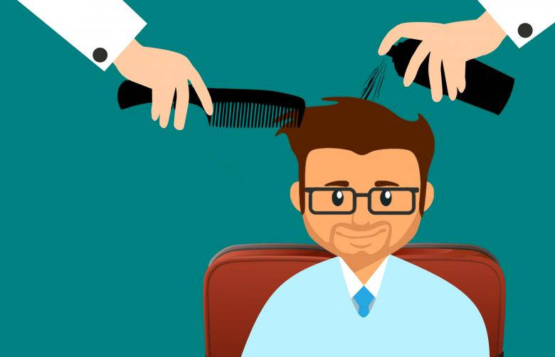 Beauty Salon, teal background, smiling man with glasses, SD Desktop Wallpaper