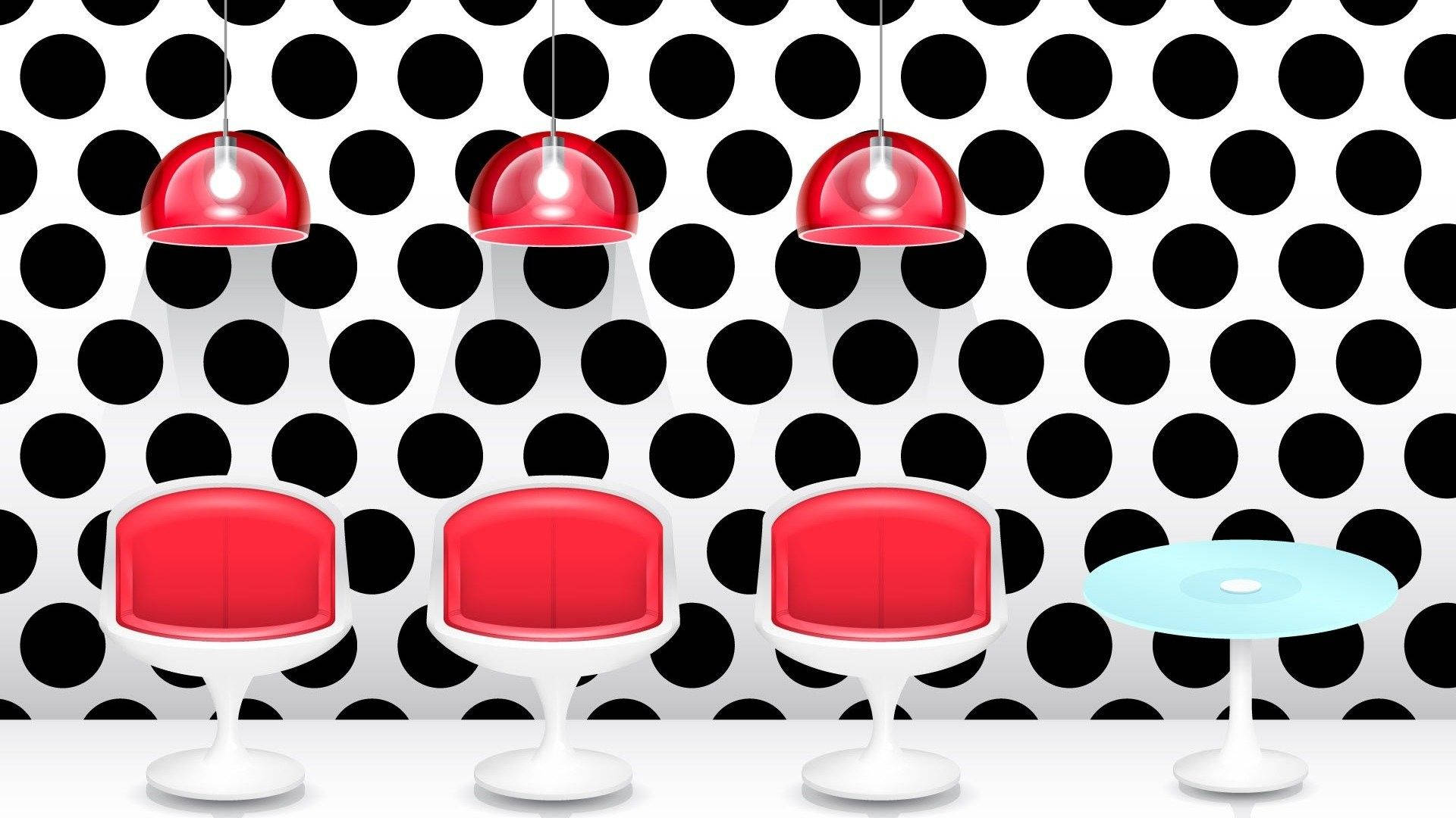 red tulip chairs, light blue table, black and white polka dot wall, Full HD Desktop Wallpaper