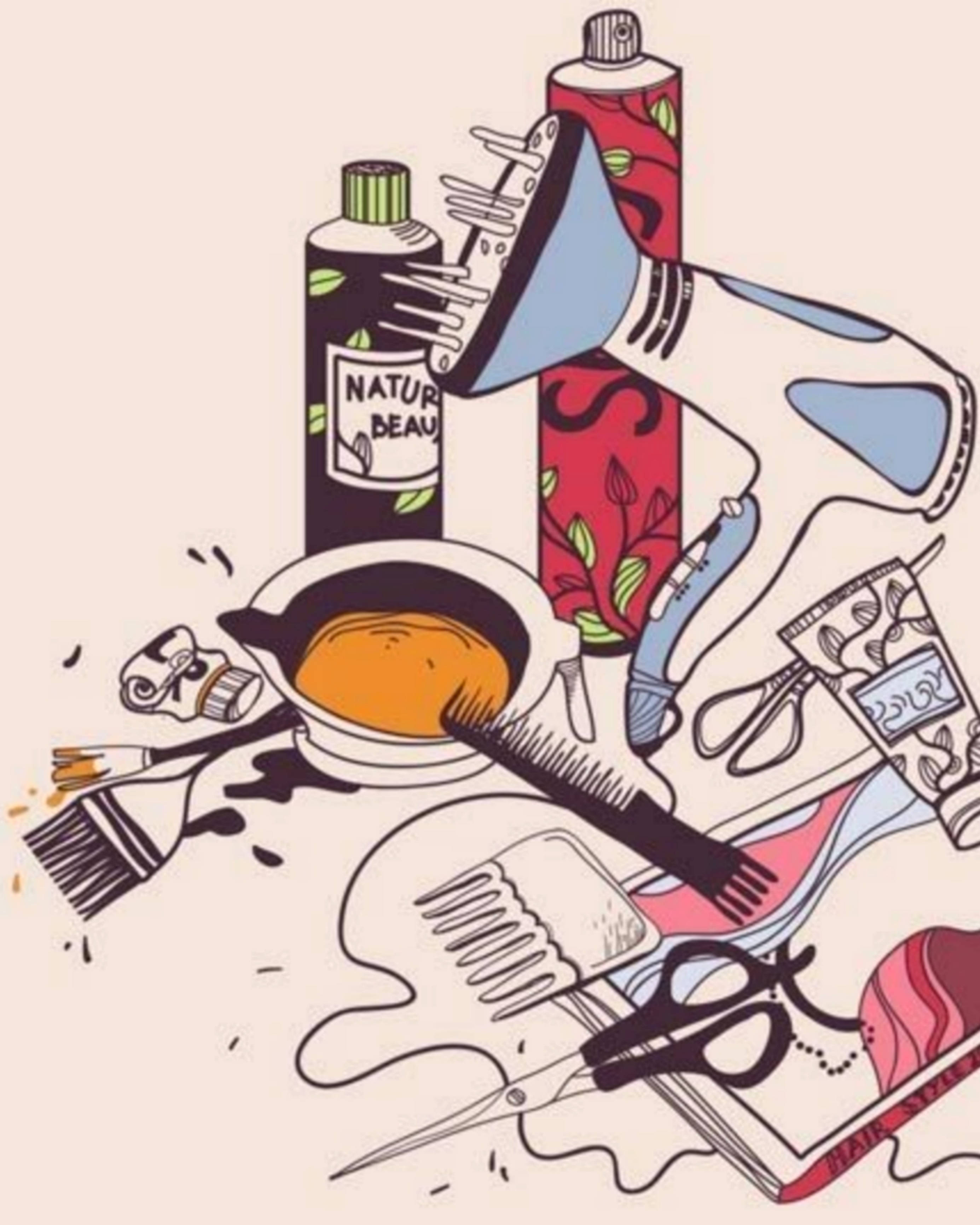 hair salon aesthetic, digital illustration, illustrated hairdressing tools, 2K Phone Wallpaper
