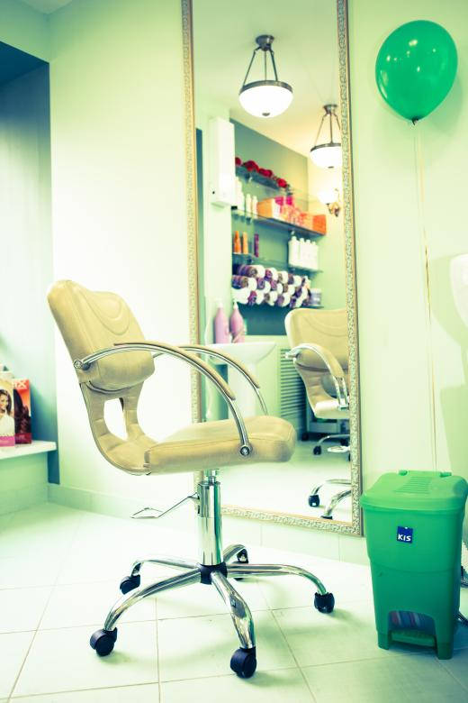 beauty salon chair, chrome base, bright green-tinted hair salon, SD Phone Wallpaper
