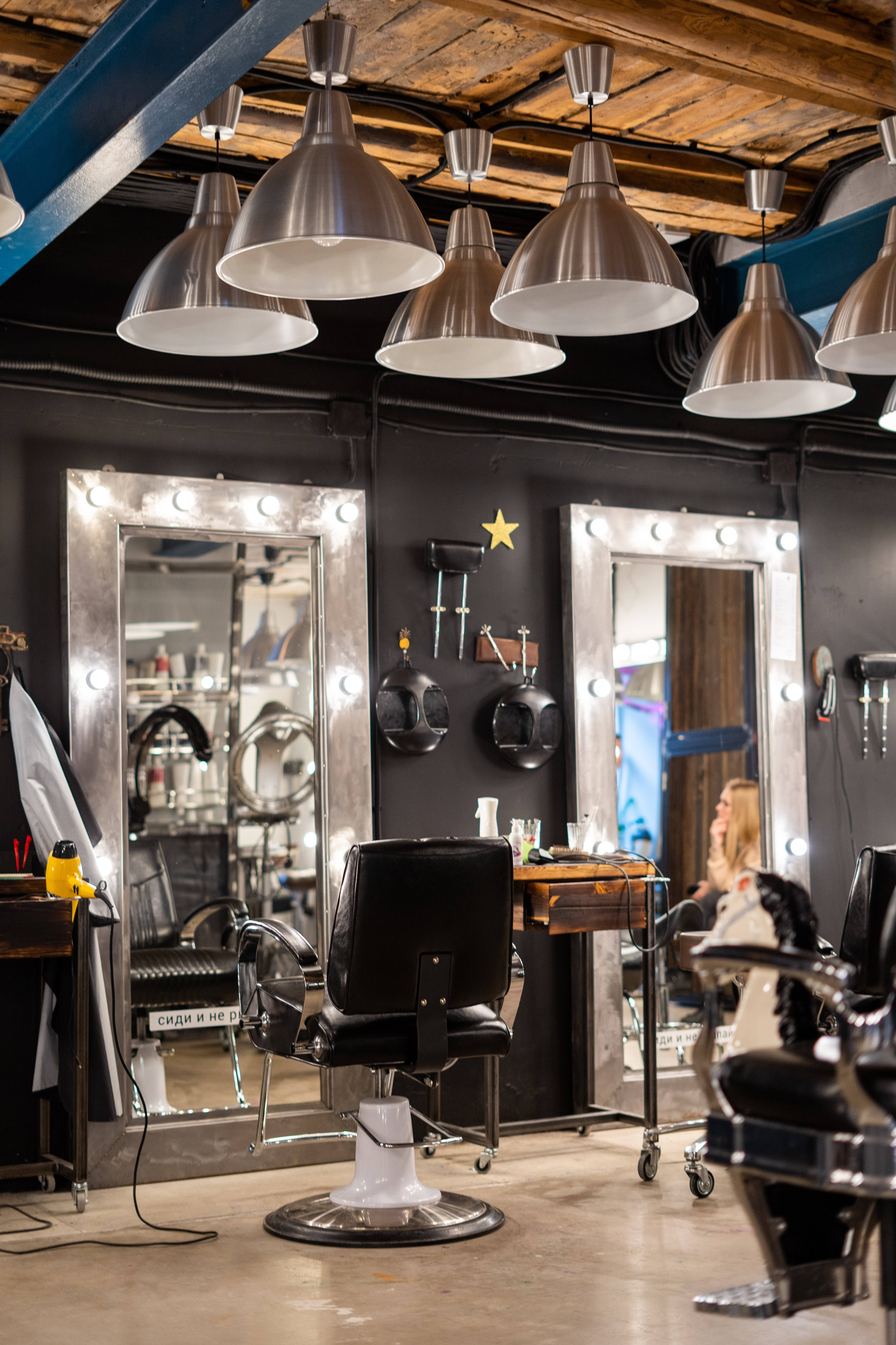empty beauty salon, industrial chic, black chairs, 5K Phone Wallpaper