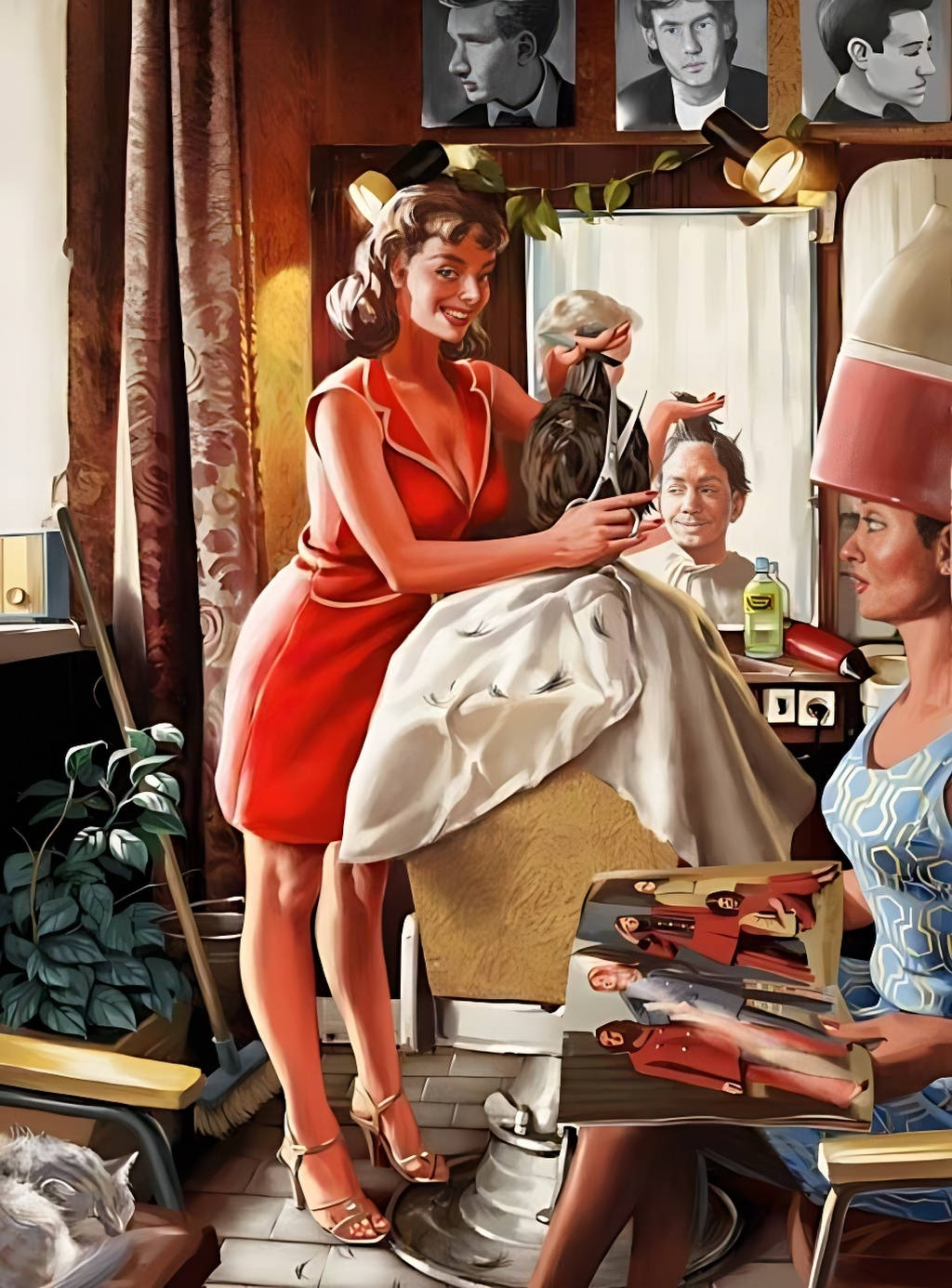 1950s, vintage 1950s hair salon, red dress, HD Phone Wallpaper