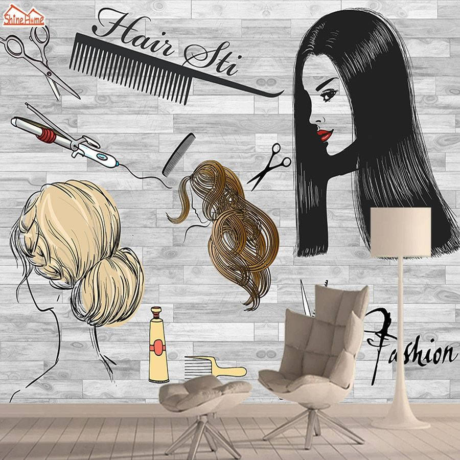 hair salon wall design, illustrated hair styling tools, glamorous hairstyles, SD Desktop Wallpaper